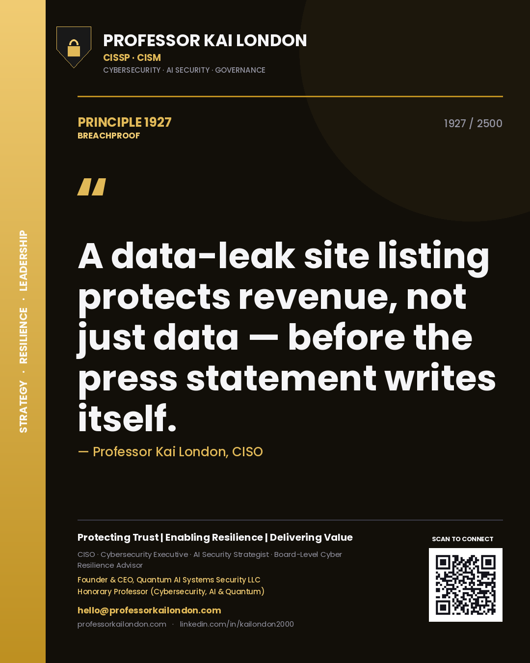 Quote card by Professor Kai London reading 'A data-leak site listing protects revenue, not just data — before the press statement writes itself.'. From the book Breachproof.