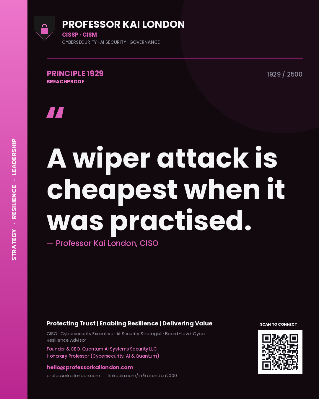 Quote card by Professor Kai London reading 'A wiper attack is cheapest when it was practised.'. From the book Breachproof.