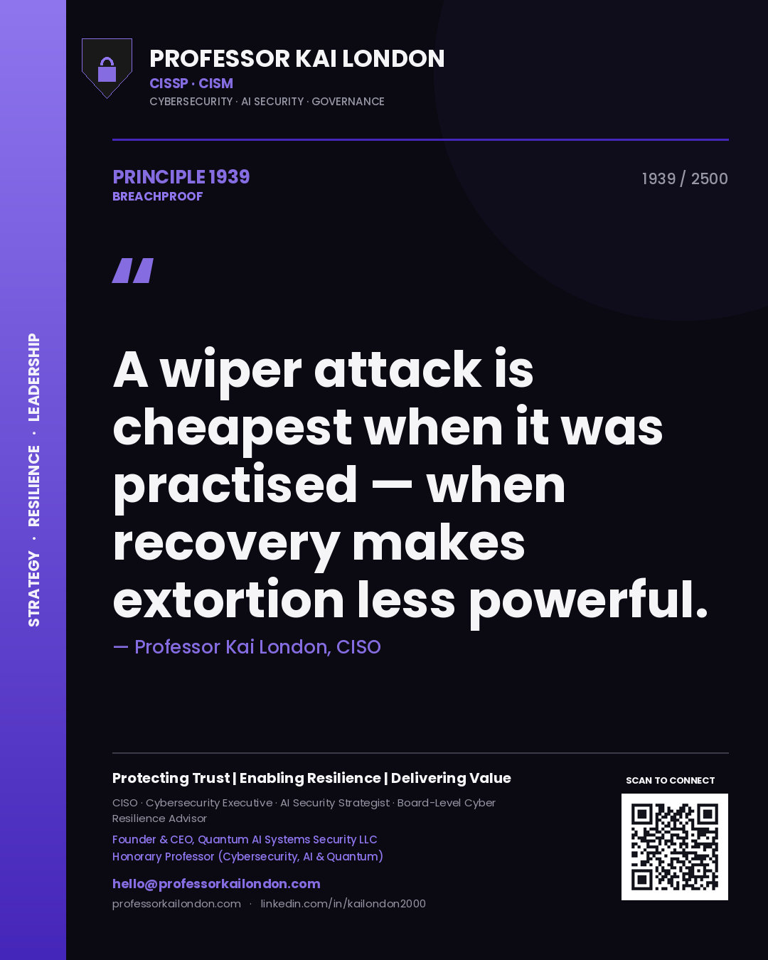 Quote card by Professor Kai London reading 'A wiper attack is cheapest when it was practised — when recovery makes extortion less powerful.'. From the book Breachproof.