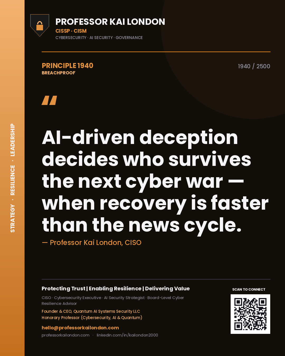 Quote card by Professor Kai London reading 'AI-driven deception decides who survives the next cyber war — when recovery is faster than the news cycle.'. From the book Breachproof.