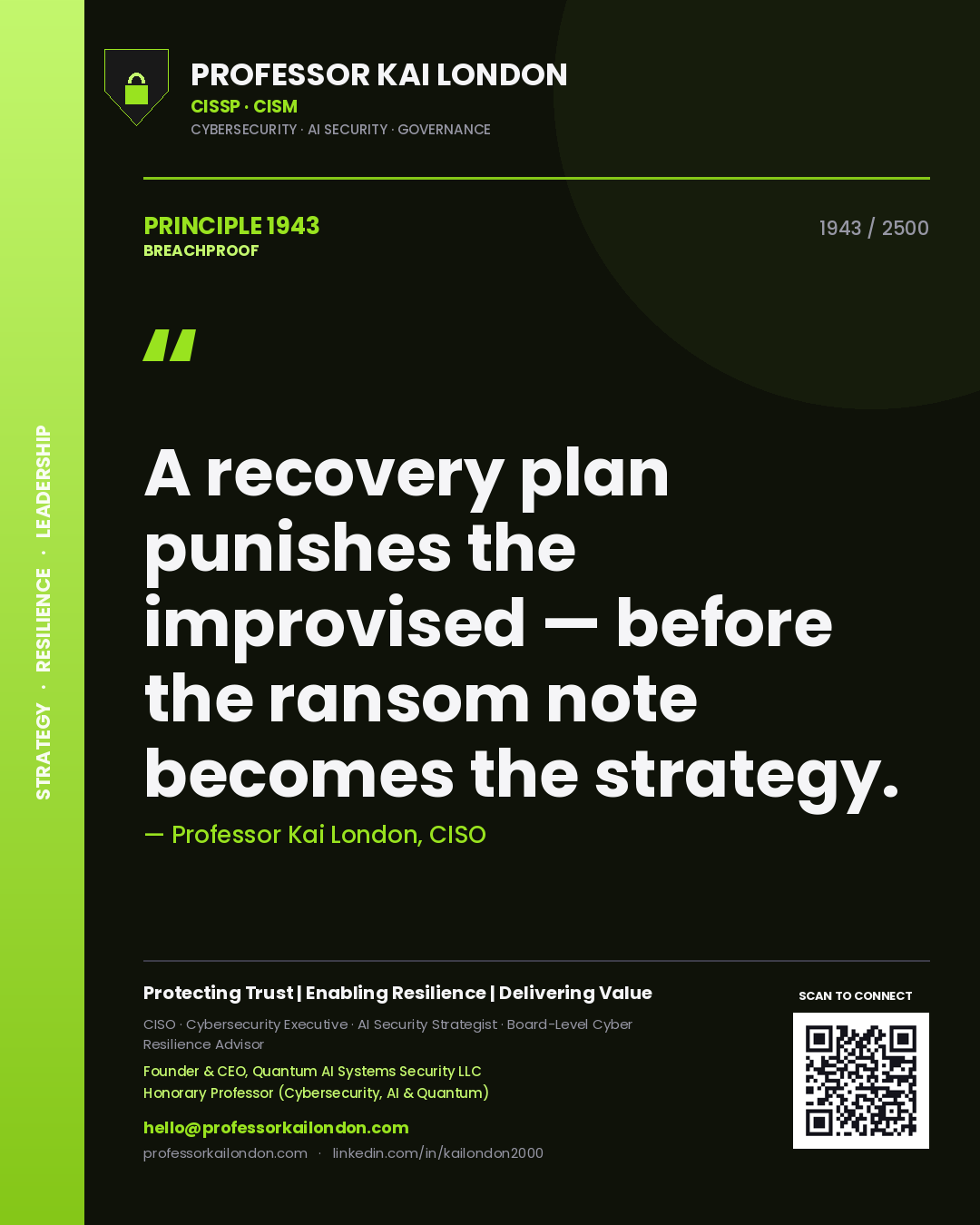 Quote card by Professor Kai London reading 'A recovery plan punishes the improvised — before the ransom note becomes the strategy.'. From the book Breachproof.