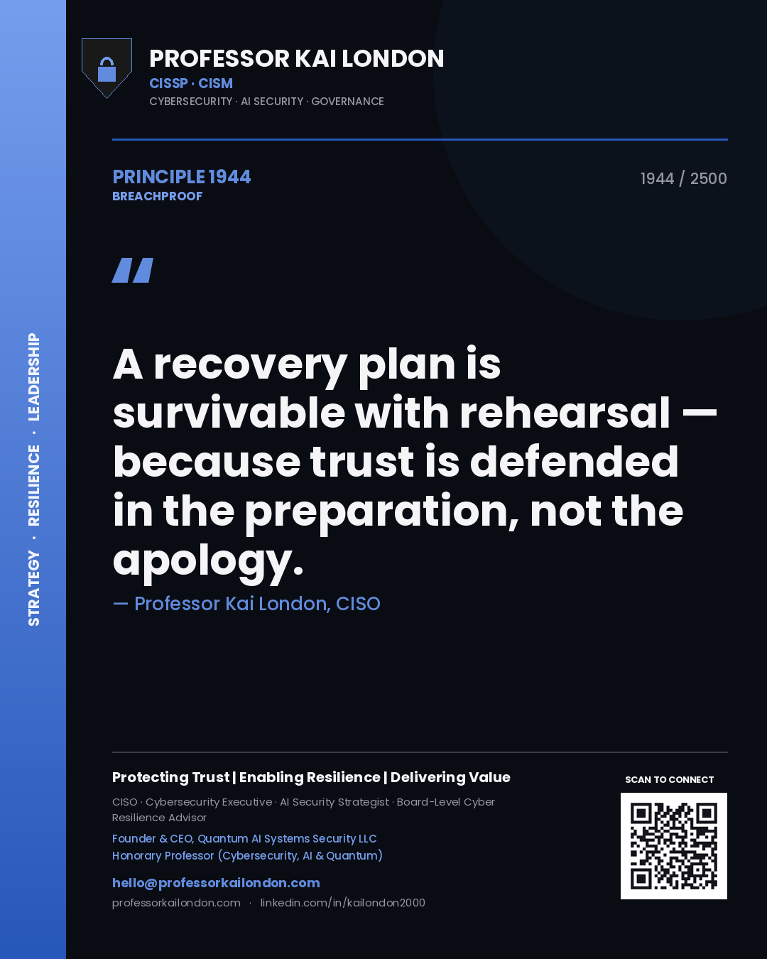 Quote card by Professor Kai London reading 'A recovery plan is survivable with rehearsal — because trust is defended in the preparation, not the apology.'. From the book Breachproof.