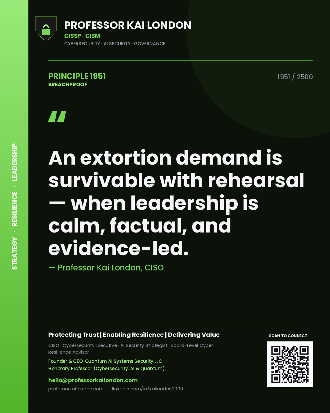 Quote card by Professor Kai London reading 'An extortion demand is survivable with rehearsal — when leadership is calm, factual, and evidence-led.'. From the book Breachproof.