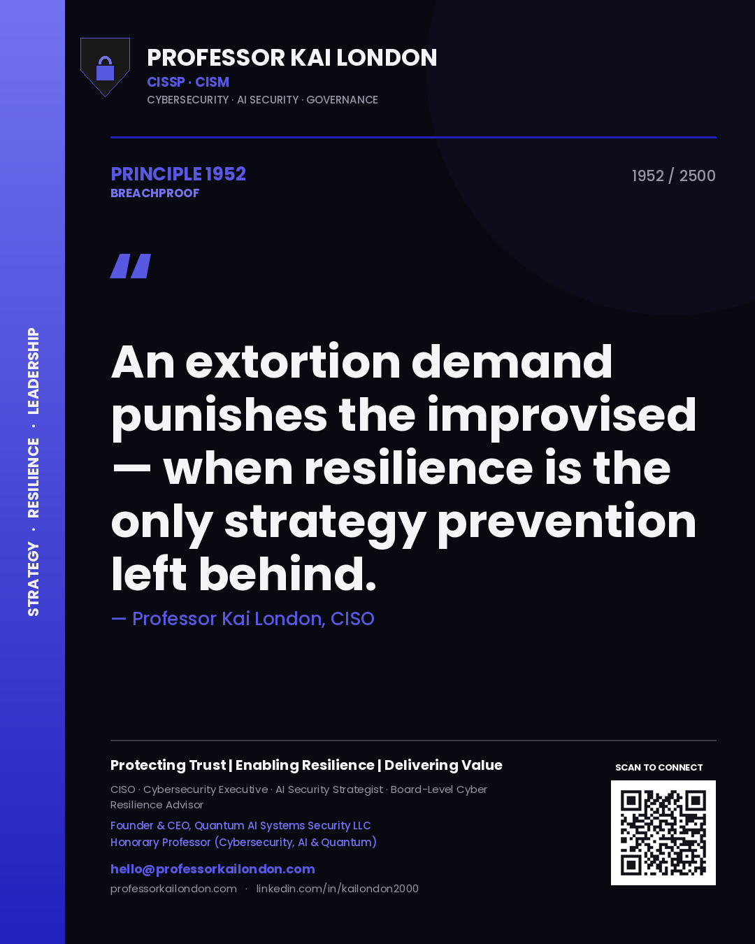 Quote card by Professor Kai London reading 'An extortion demand punishes the improvised — when resilience is the only strategy prevention left behind.'. From the book Breachproof.