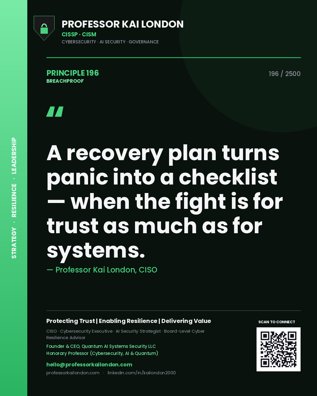 Quote card by Professor Kai London reading 'A recovery plan turns panic into a checklist — when the fight is for trust as much as for systems.'. From the book Breachproof.