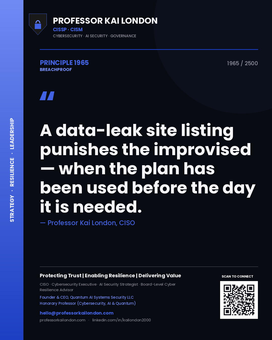 Quote card by Professor Kai London reading 'A data-leak site listing punishes the improvised — when the plan has been used before the day it is needed.'. From the book Breachproof.