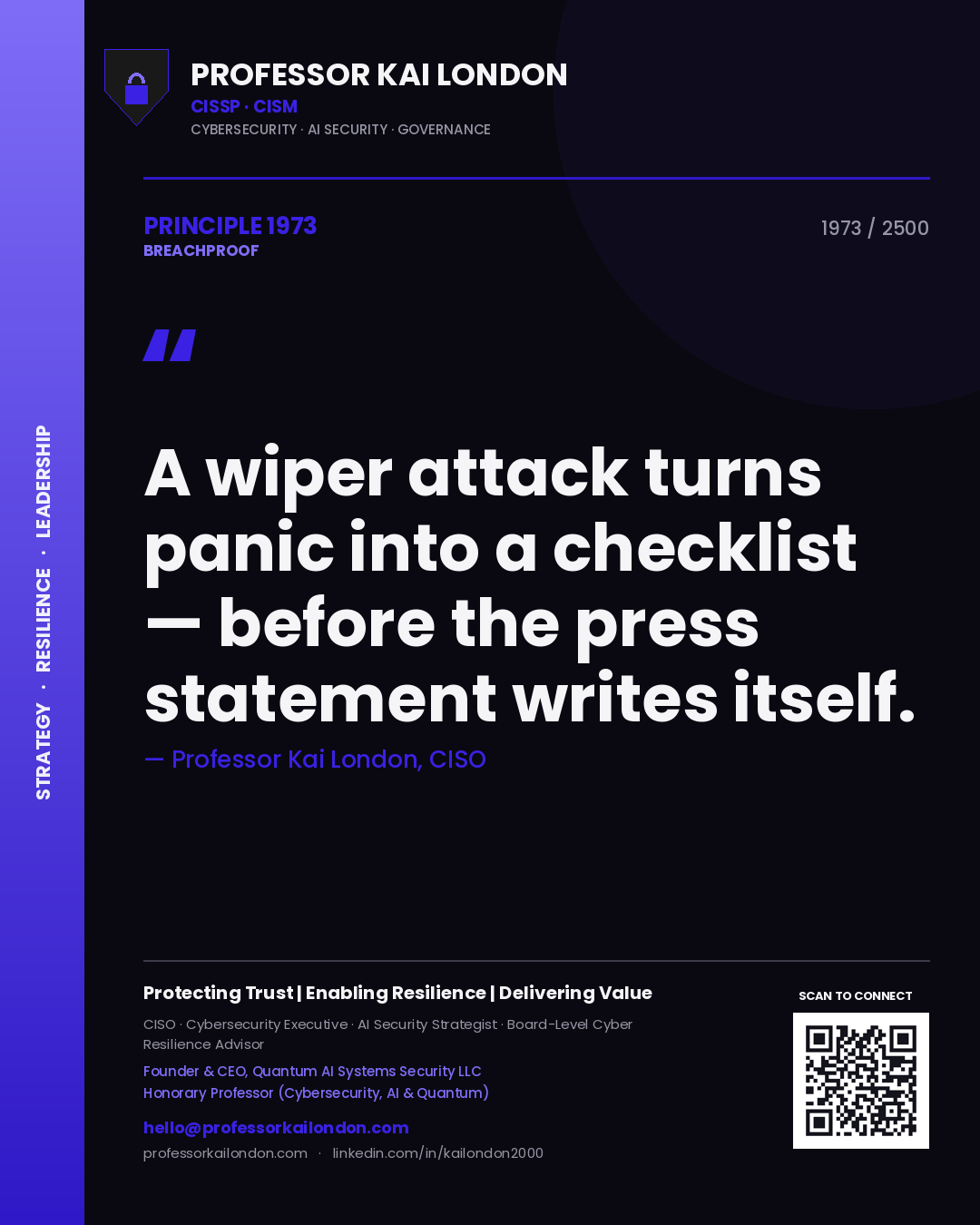 Quote card by Professor Kai London reading 'A wiper attack turns panic into a checklist — before the press statement writes itself.'. From the book Breachproof.