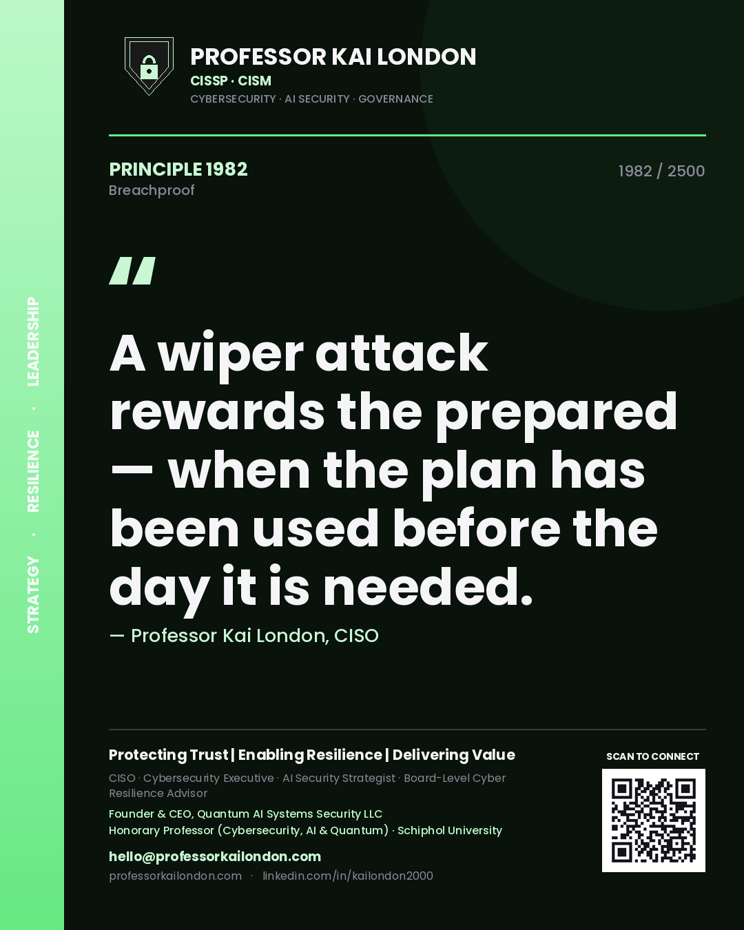 Quote card by Professor Kai London reading 'A wiper attack rewards the prepared — when the plan has been used before the day it is needed.'. From the book Breachproof.
