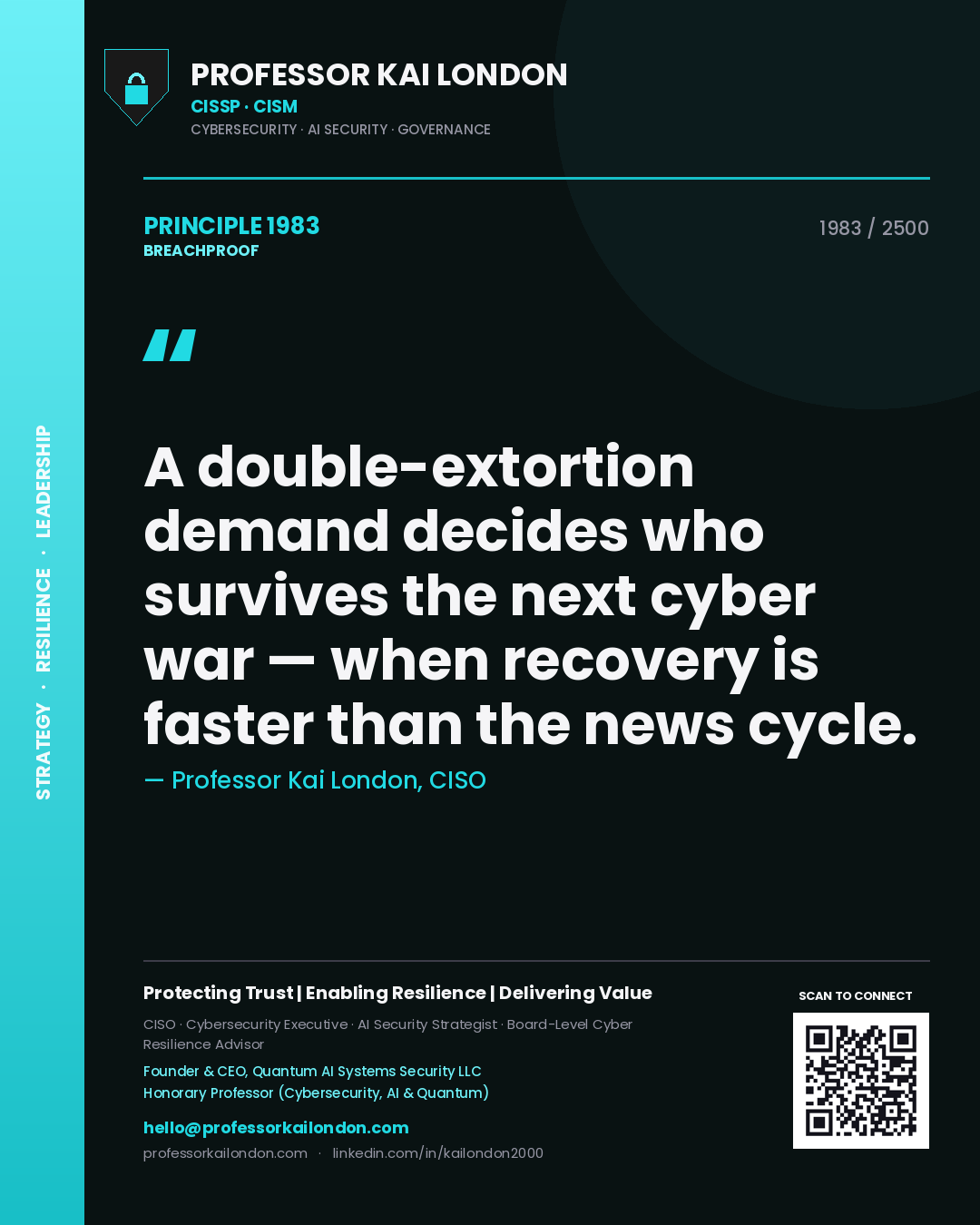 Quote card by Professor Kai London reading 'A double-extortion demand decides who survives the next cyber war — when recovery is faster than the news cycle.'. From the book Breachproof.
