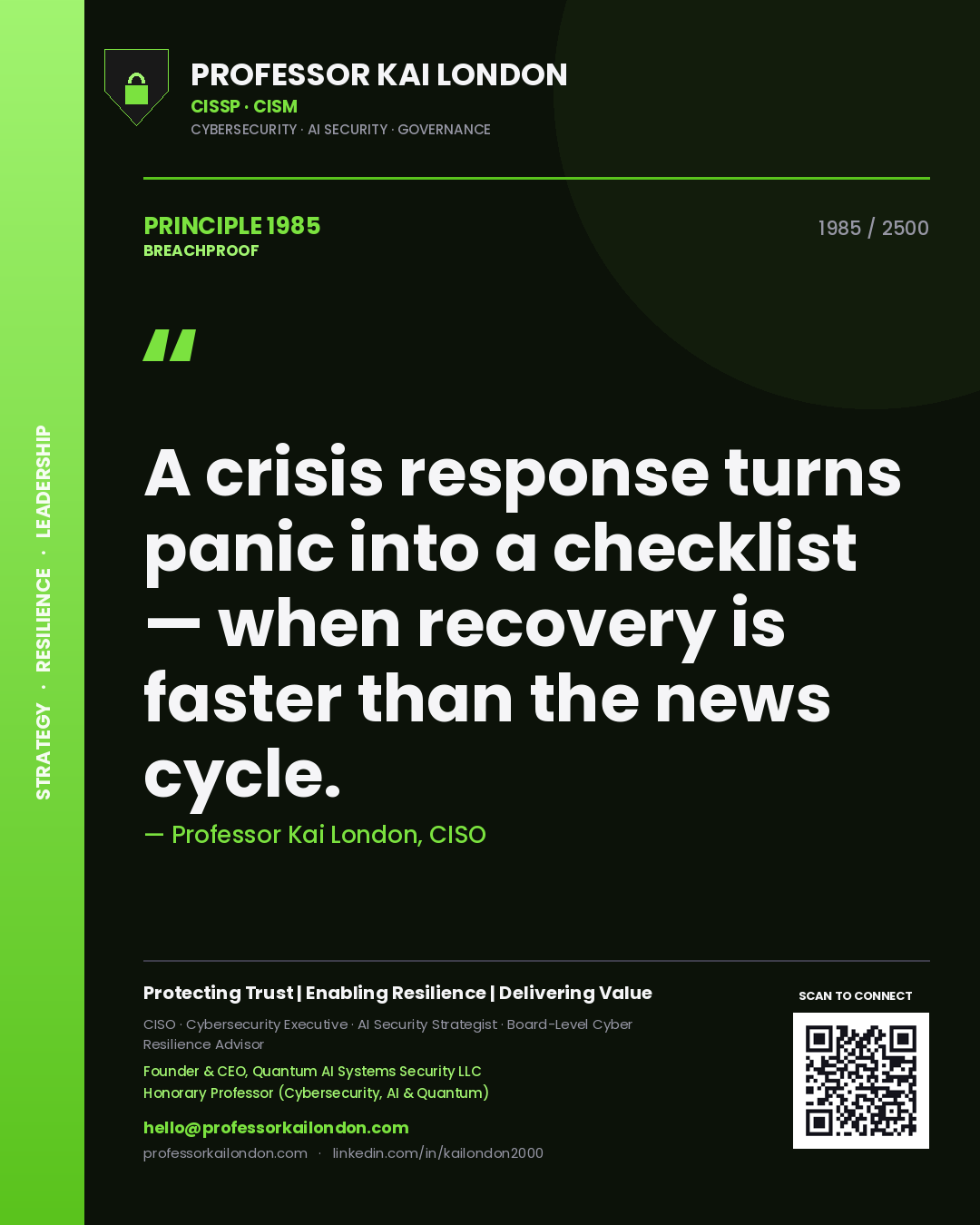 Quote card by Professor Kai London reading 'A crisis response turns panic into a checklist — when recovery is faster than the news cycle.'. From the book Breachproof.