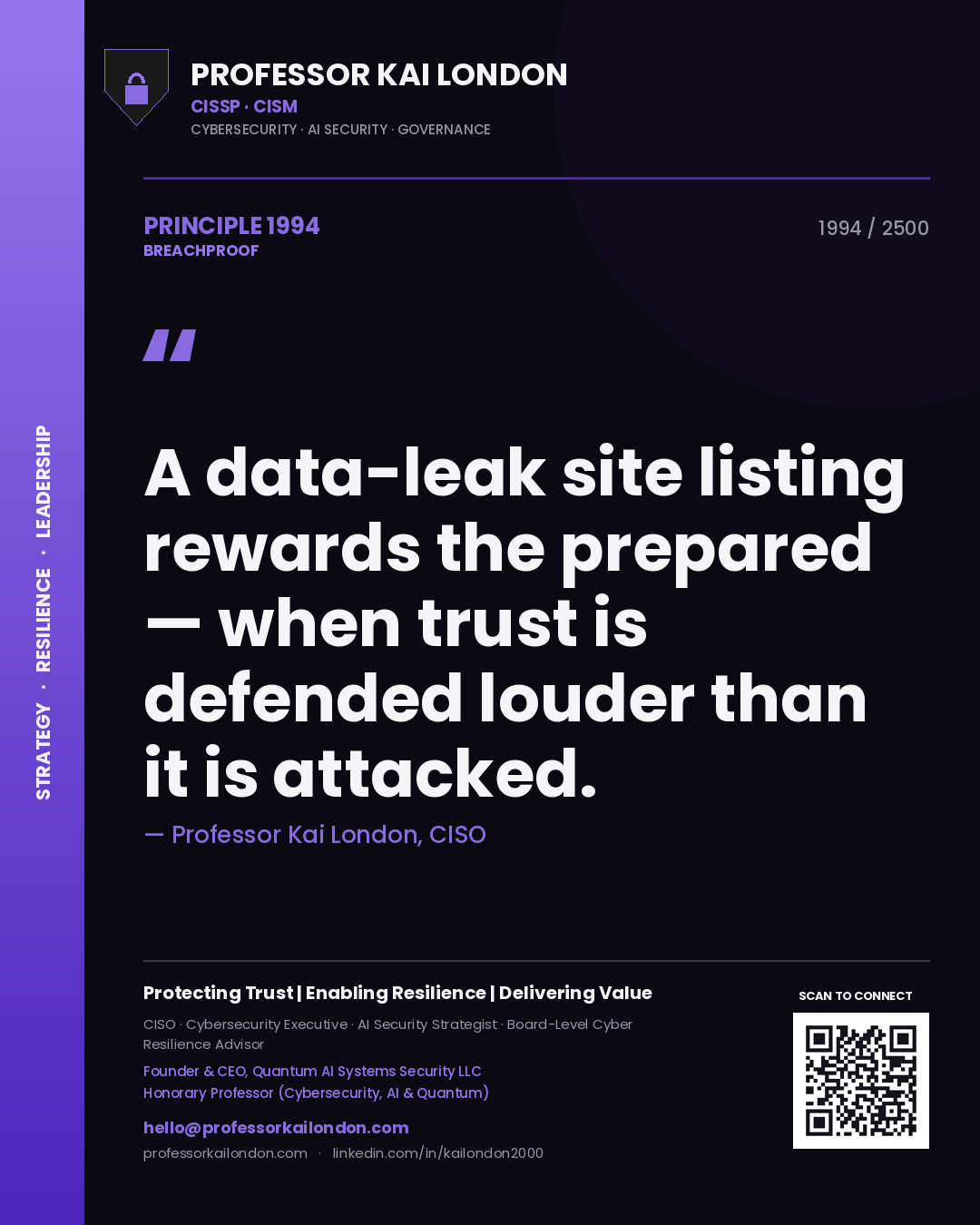 Quote card by Professor Kai London reading 'A data-leak site listing rewards the prepared — when trust is defended louder than it is attacked.'. From the book Breachproof.