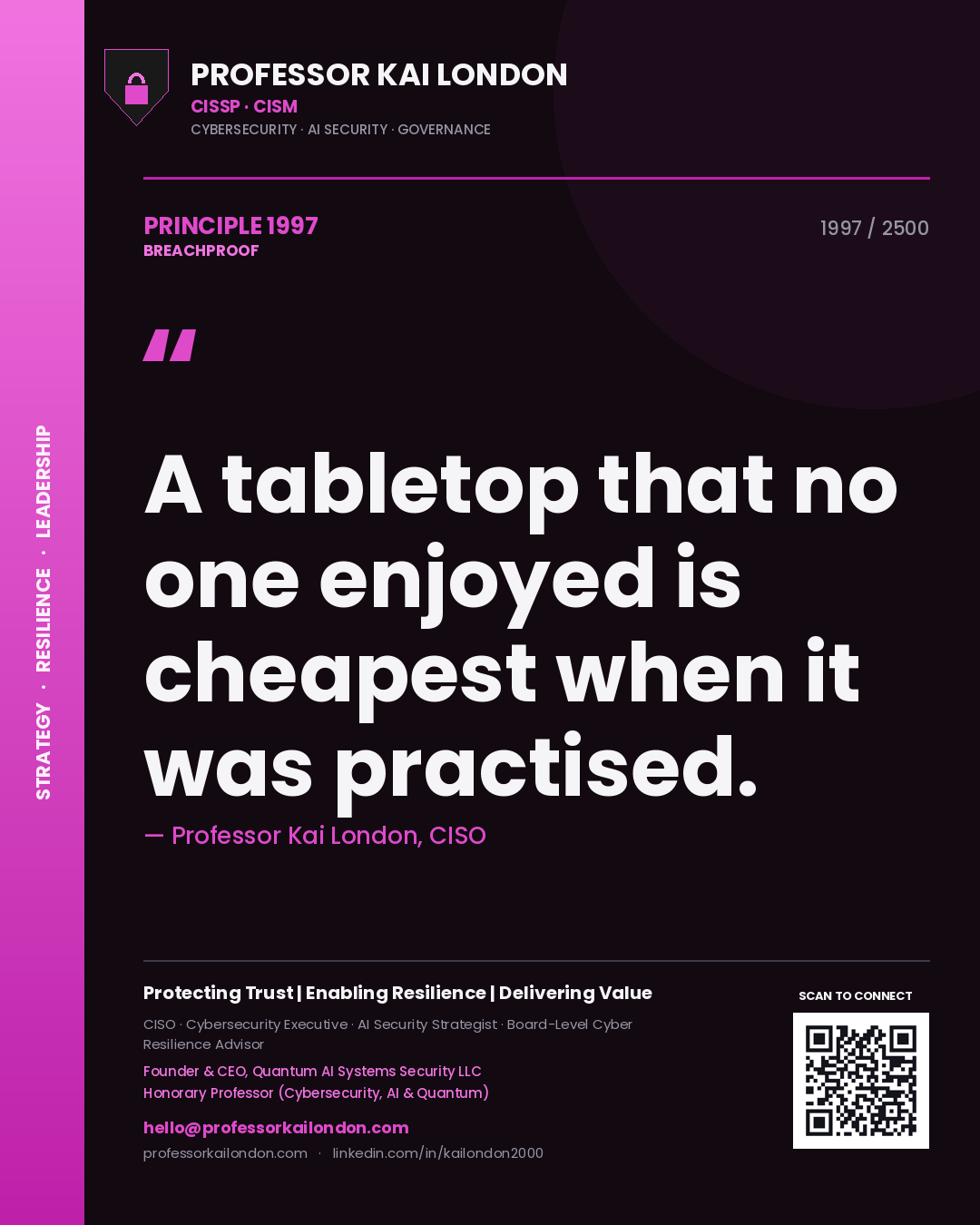 Quote card by Professor Kai London reading 'A tabletop that no one enjoyed is cheapest when it was practised.'. From the book Breachproof.