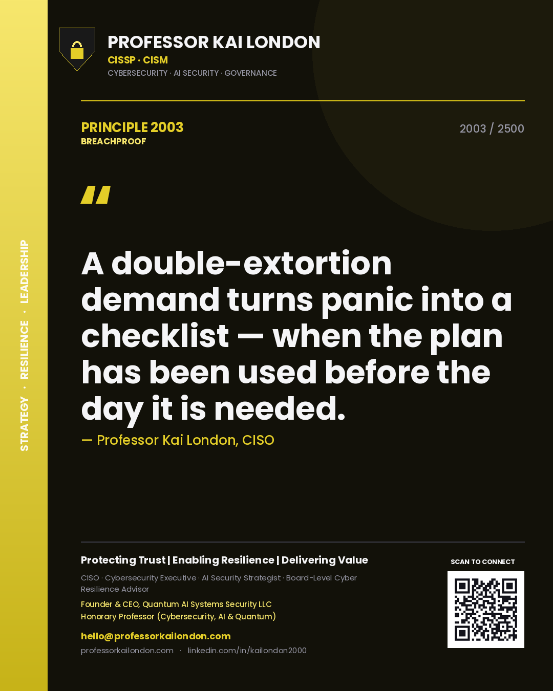 Professor Kai London principle 2003: A double-extortion demand turns panic into a checklist — when the plan has been used before the day it is needed.