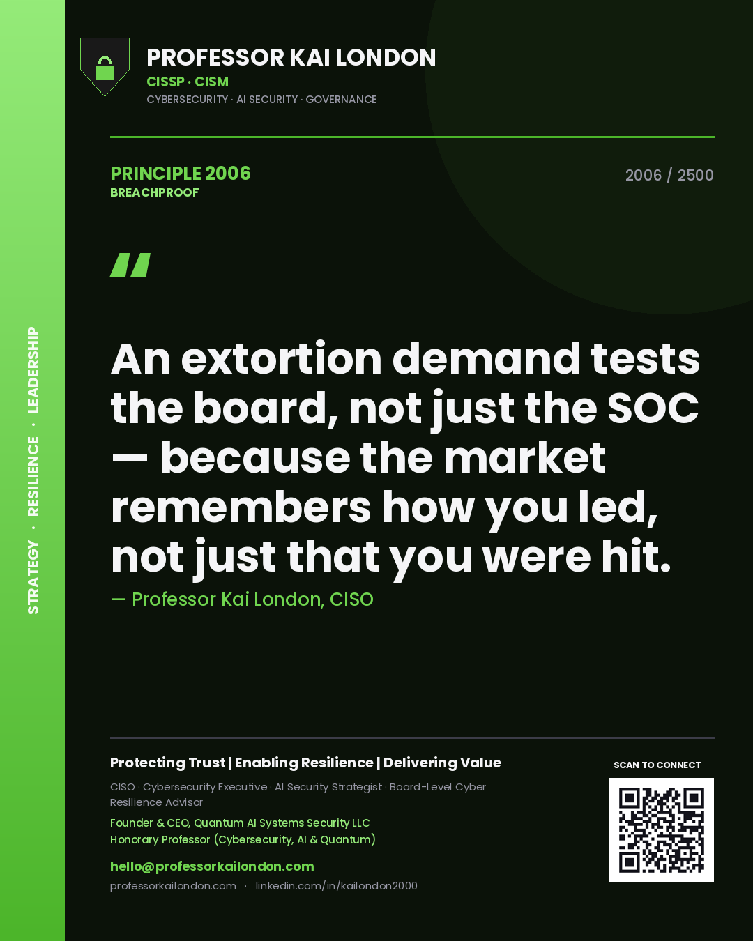 Professor Kai London principle 2006: An extortion demand tests the board, not just the SOC — because the market remembers how you led, not just that you were hit.