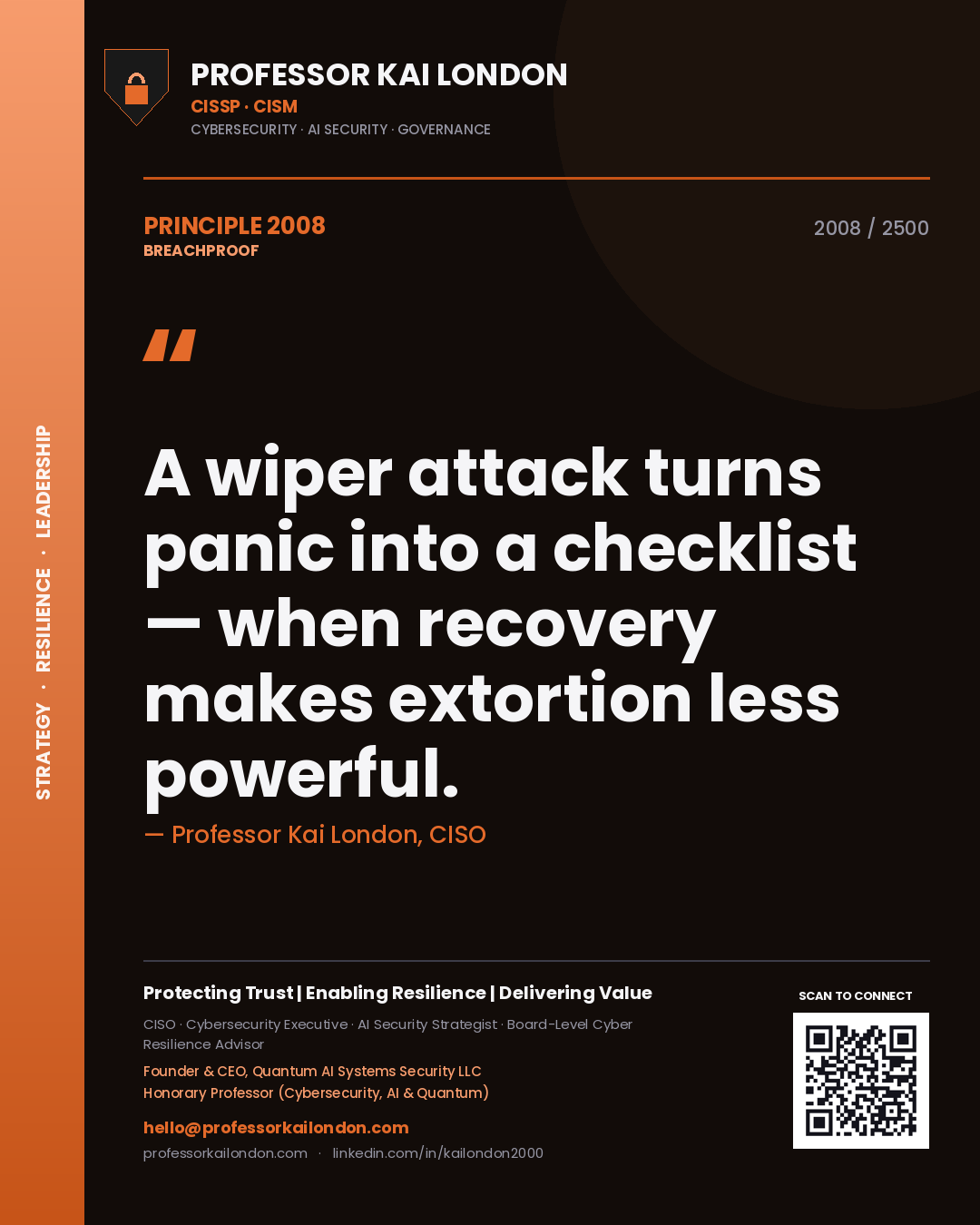 Quote card by Professor Kai London reading 'A wiper attack turns panic into a checklist — when recovery makes extortion less powerful.'. From the book Breachproof.