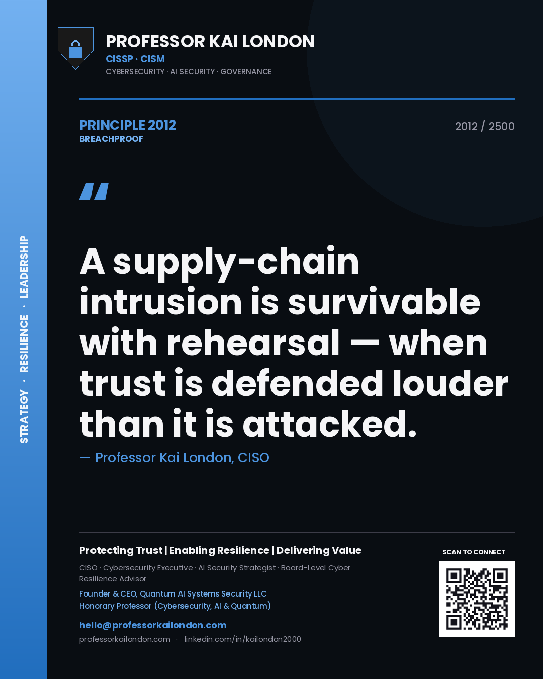 Professor Kai London principle 2012: A supply-chain intrusion is survivable with rehearsal — when trust is defended louder than it is attacked.