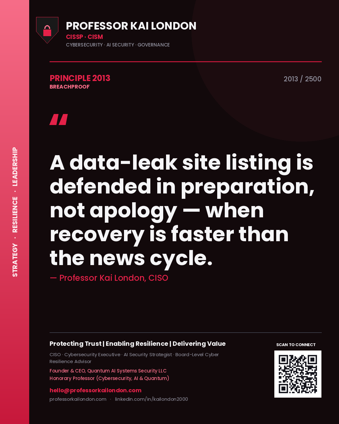 Quote card by Professor Kai London reading 'A data-leak site listing is defended in preparation, not apology — when recovery is faster than the news cycle.'. From the book Breachproof.
