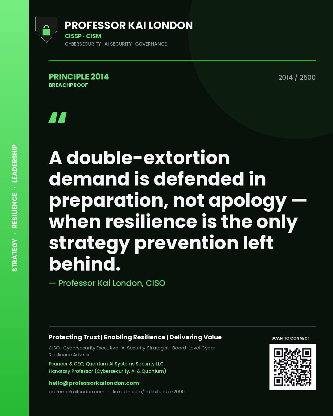 Professor Kai London principle 2014: A double-extortion demand is defended in preparation, not apology — when resilience is the only strategy prevention left behind.