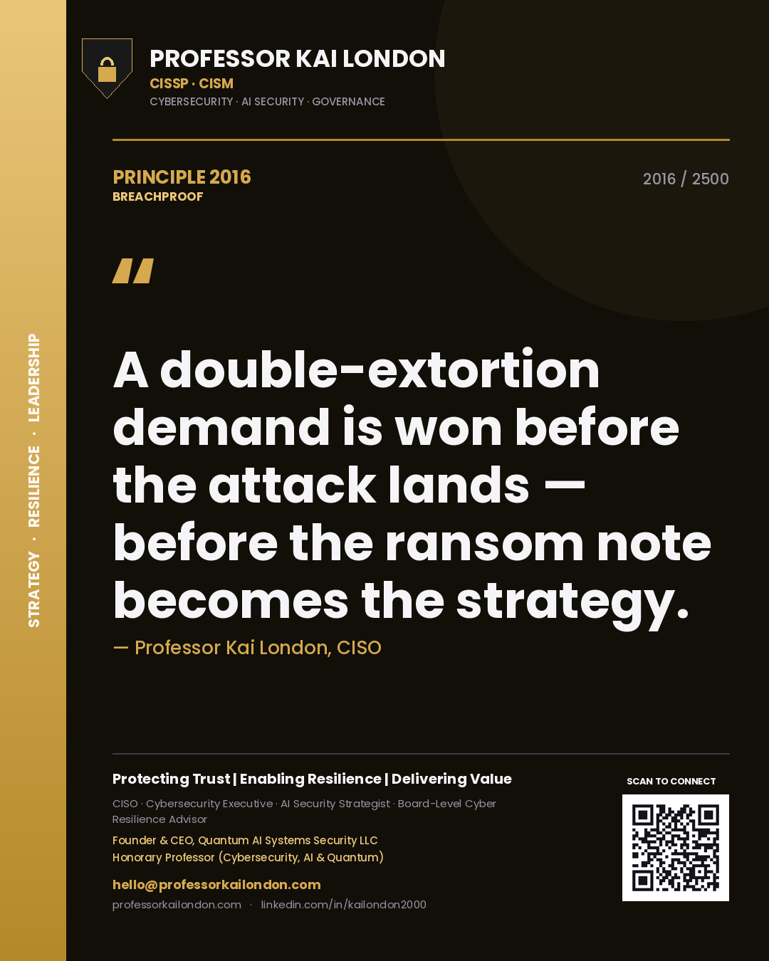 Professor Kai London principle 2016: A double-extortion demand is won before the attack lands — before the ransom note becomes the strategy.