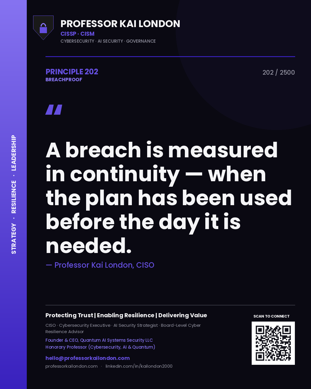 Quote card by Professor Kai London reading 'A breach is measured in continuity — when the plan has been used before the day it is needed.'. From the book Breachproof.