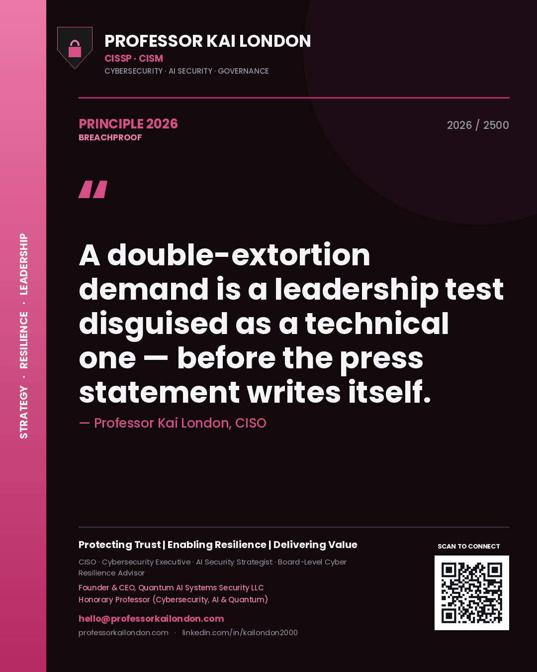 Professor Kai London principle 2026: A double-extortion demand is a leadership test disguised as a technical one — before the press statement writes itself.