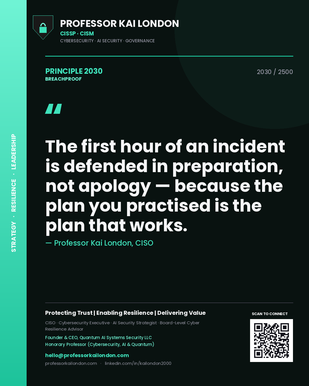Professor Kai London principle 2030: The first hour of an incident is defended in preparation, not apology — because the plan you practised is the plan that works.