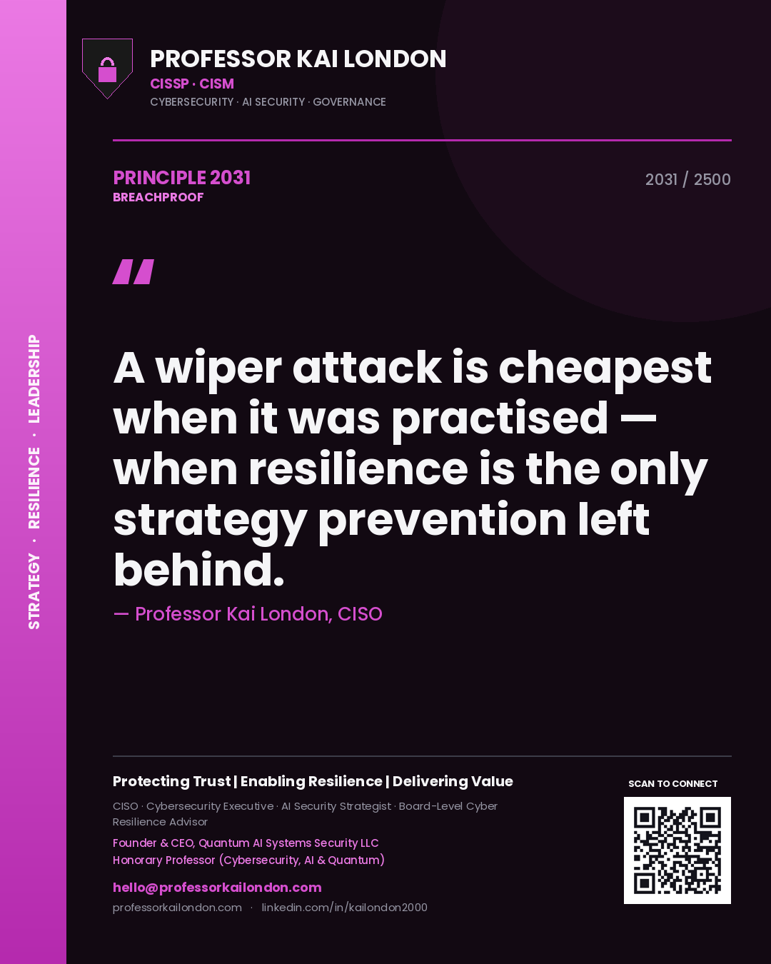 Quote card by Professor Kai London reading 'A wiper attack is cheapest when it was practised — when resilience is the only strategy prevention left behind.'. From the book Breachproof.