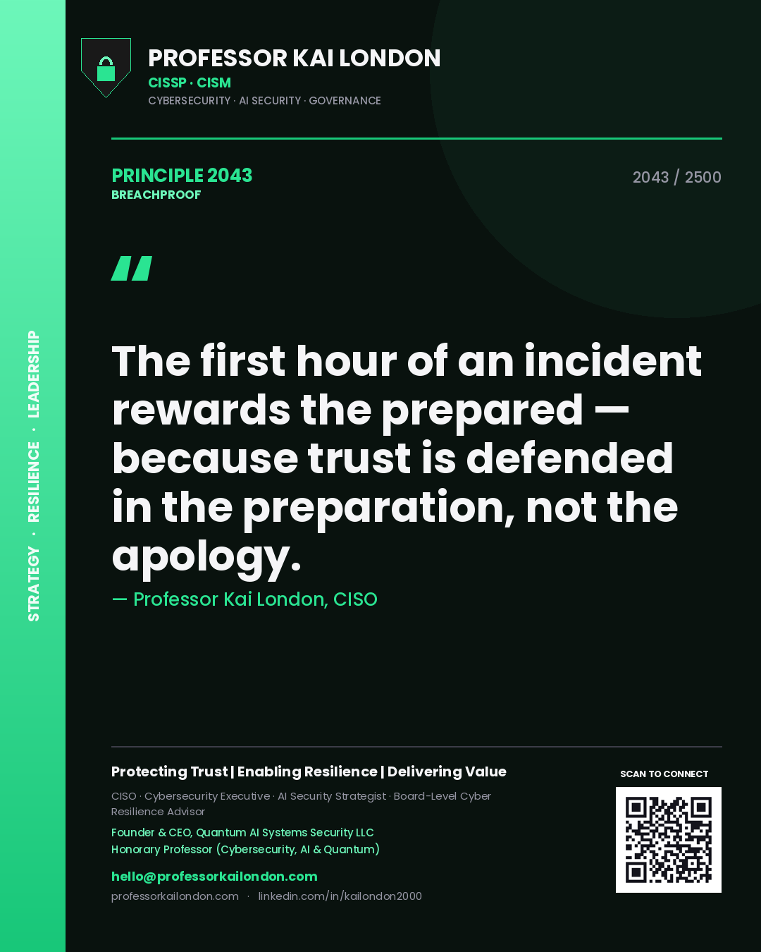 Professor Kai London principle 2043: The first hour of an incident rewards the prepared — because trust is defended in the preparation, not the apology.