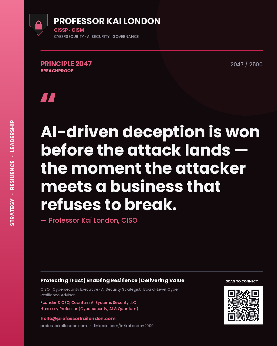 Quote card by Professor Kai London reading 'AI-driven deception is won before the attack lands — the moment the attacker meets a business that refuses to break.'. From the book Breachproof.