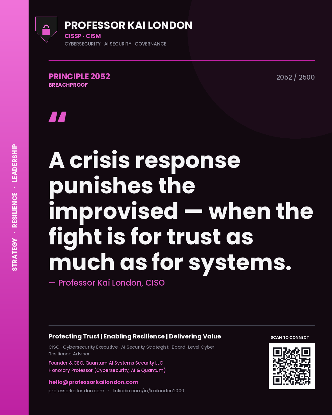 Professor Kai London principle 2052: A crisis response punishes the improvised — when the fight is for trust as much as for systems.
