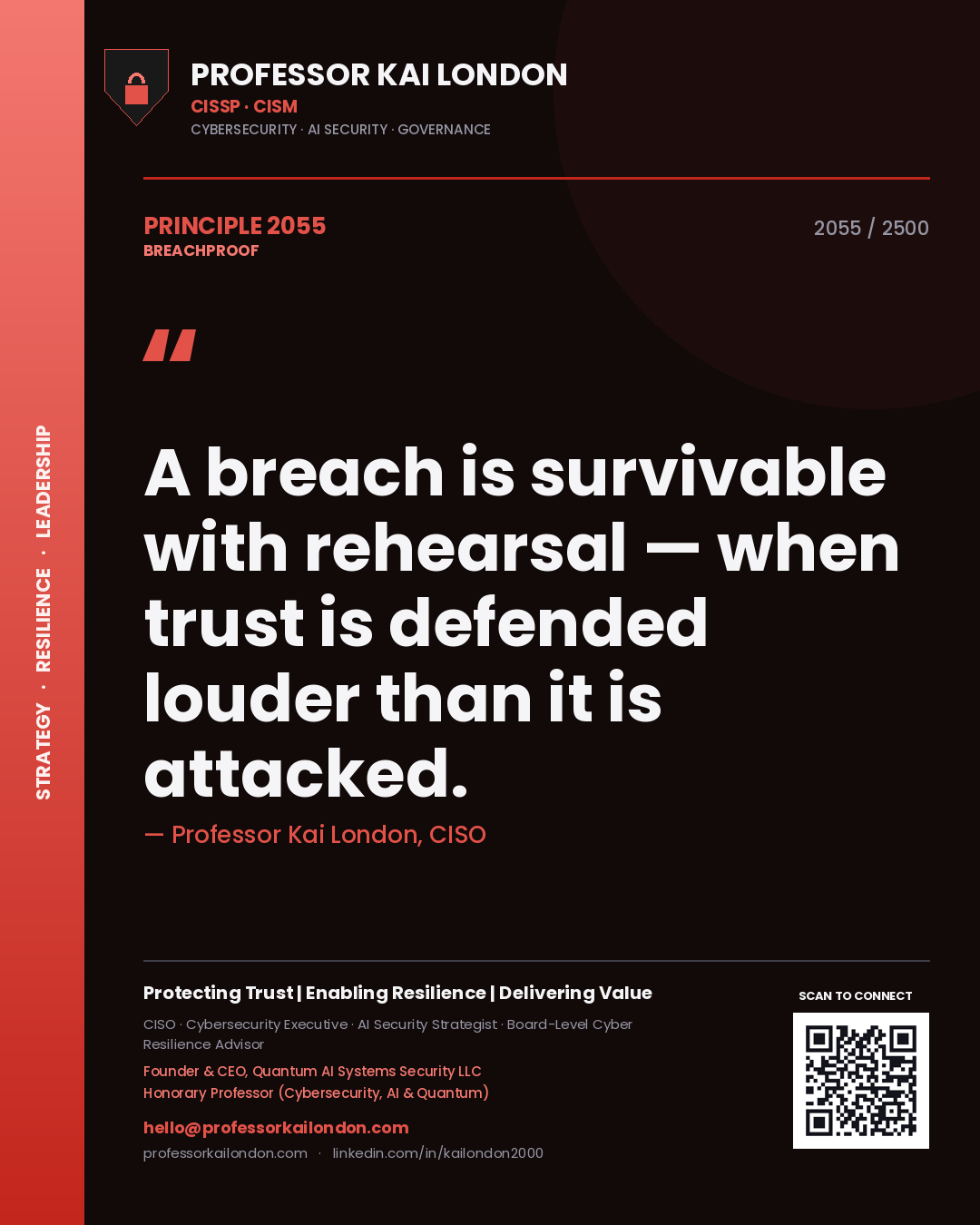 Professor Kai London principle 2055: A breach is survivable with rehearsal — when trust is defended louder than it is attacked.