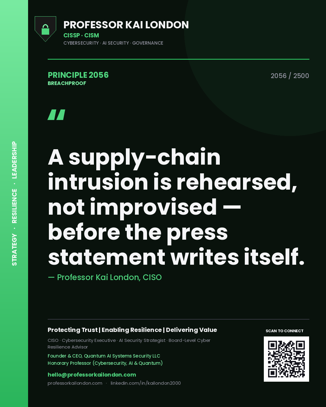 Professor Kai London principle 2056: A supply-chain intrusion is rehearsed, not improvised — before the press statement writes itself.