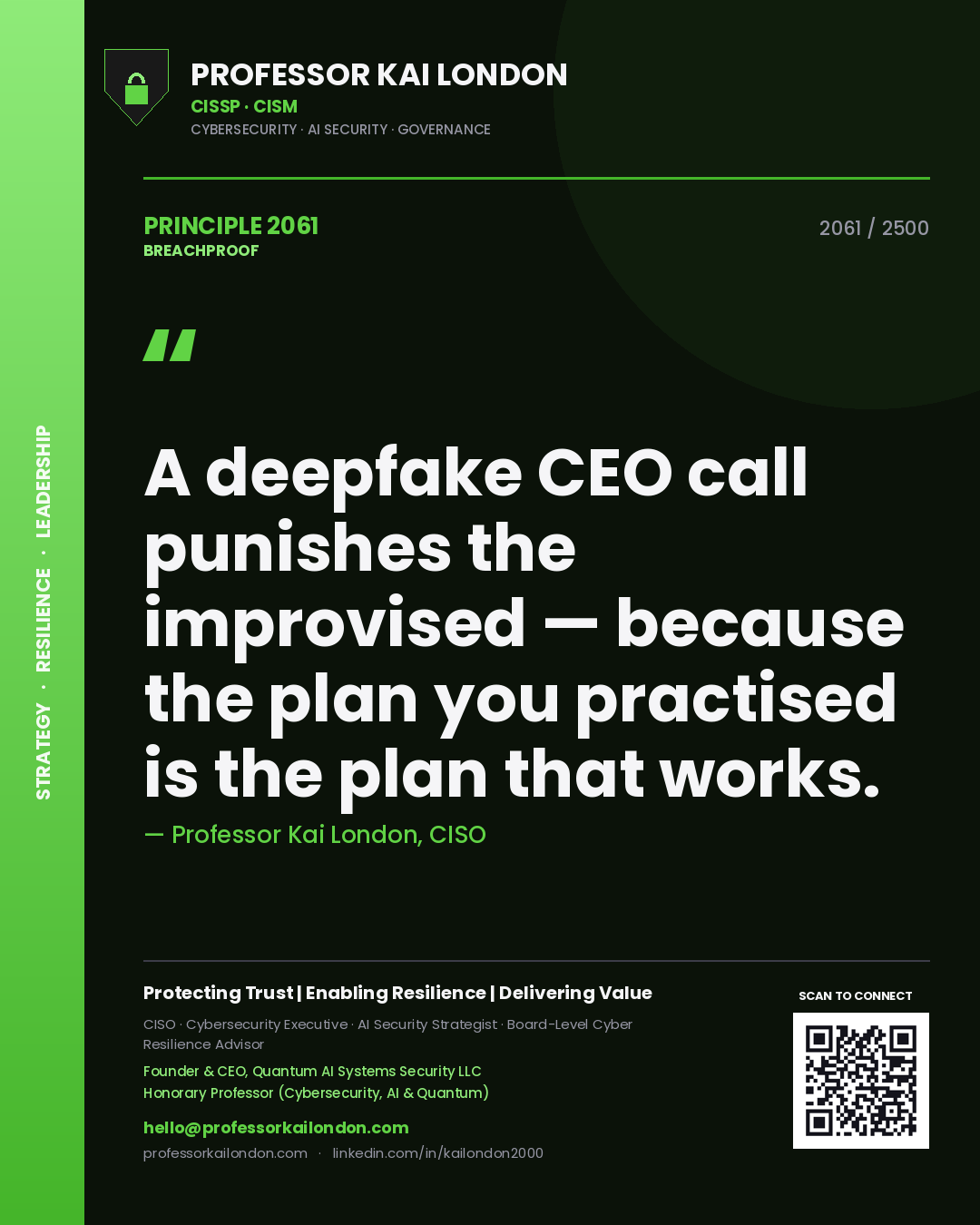Professor Kai London principle 2061: A deepfake CEO call punishes the improvised — because the plan you practised is the plan that works.