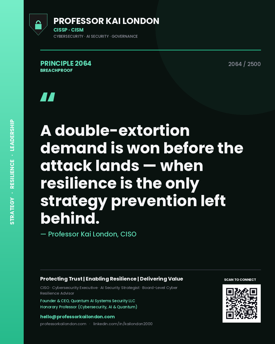 Quote card by Professor Kai London reading 'A double-extortion demand is won before the attack lands — when resilience is the only strategy prevention left behind.'. From the book Breachproof.