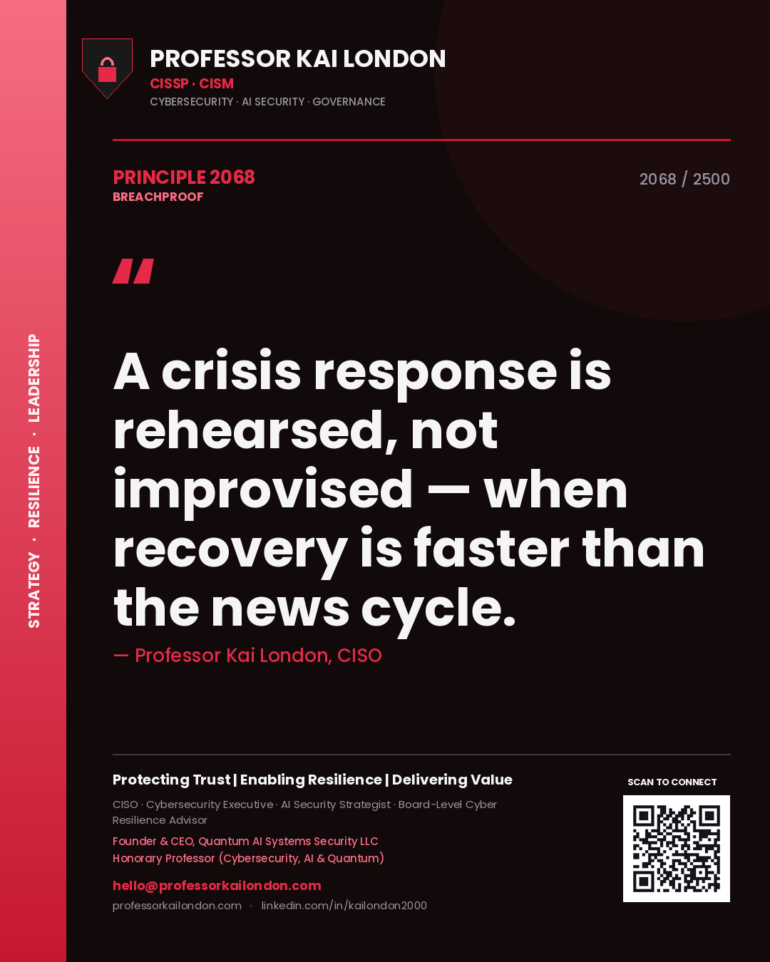 Professor Kai London principle 2068: A crisis response is rehearsed, not improvised — when recovery is faster than the news cycle.