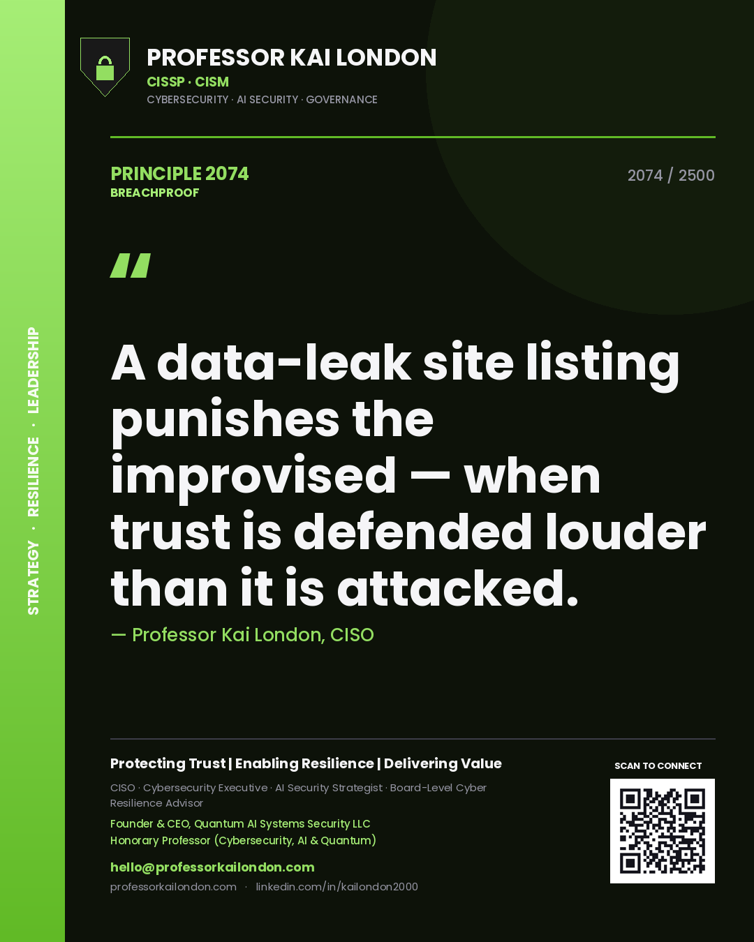 Professor Kai London principle 2074: A data-leak site listing punishes the improvised — when trust is defended louder than it is attacked.