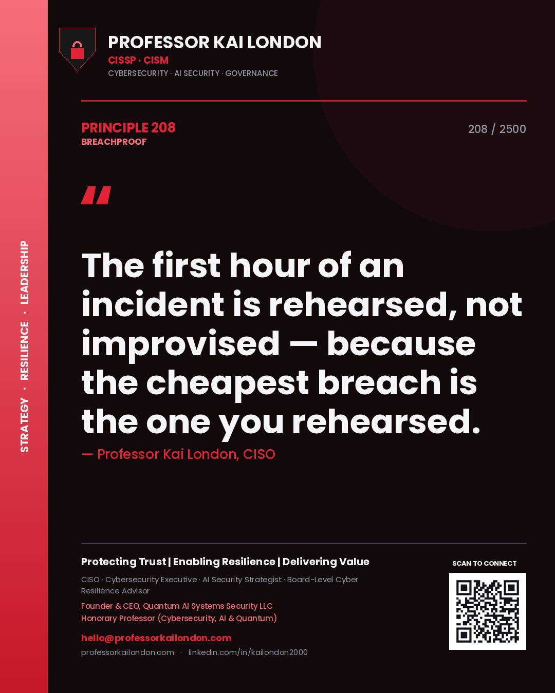 Professor Kai London principle 208: The first hour of an incident is rehearsed, not improvised — because the cheapest breach is the one you rehearsed.