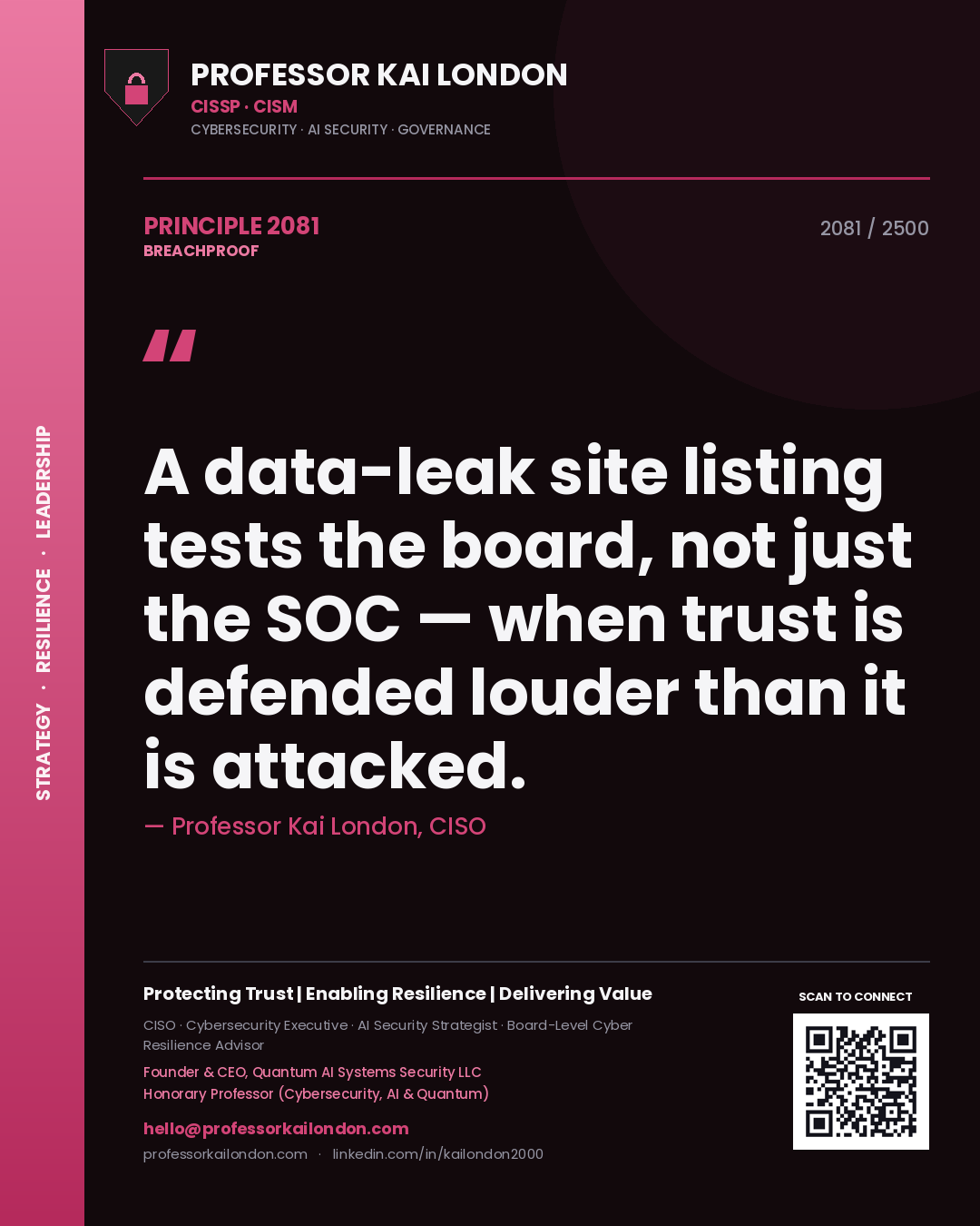 Quote card by Professor Kai London reading 'A data-leak site listing tests the board, not just the SOC — when trust is defended louder than it is attacked.'. From the book Breachproof.