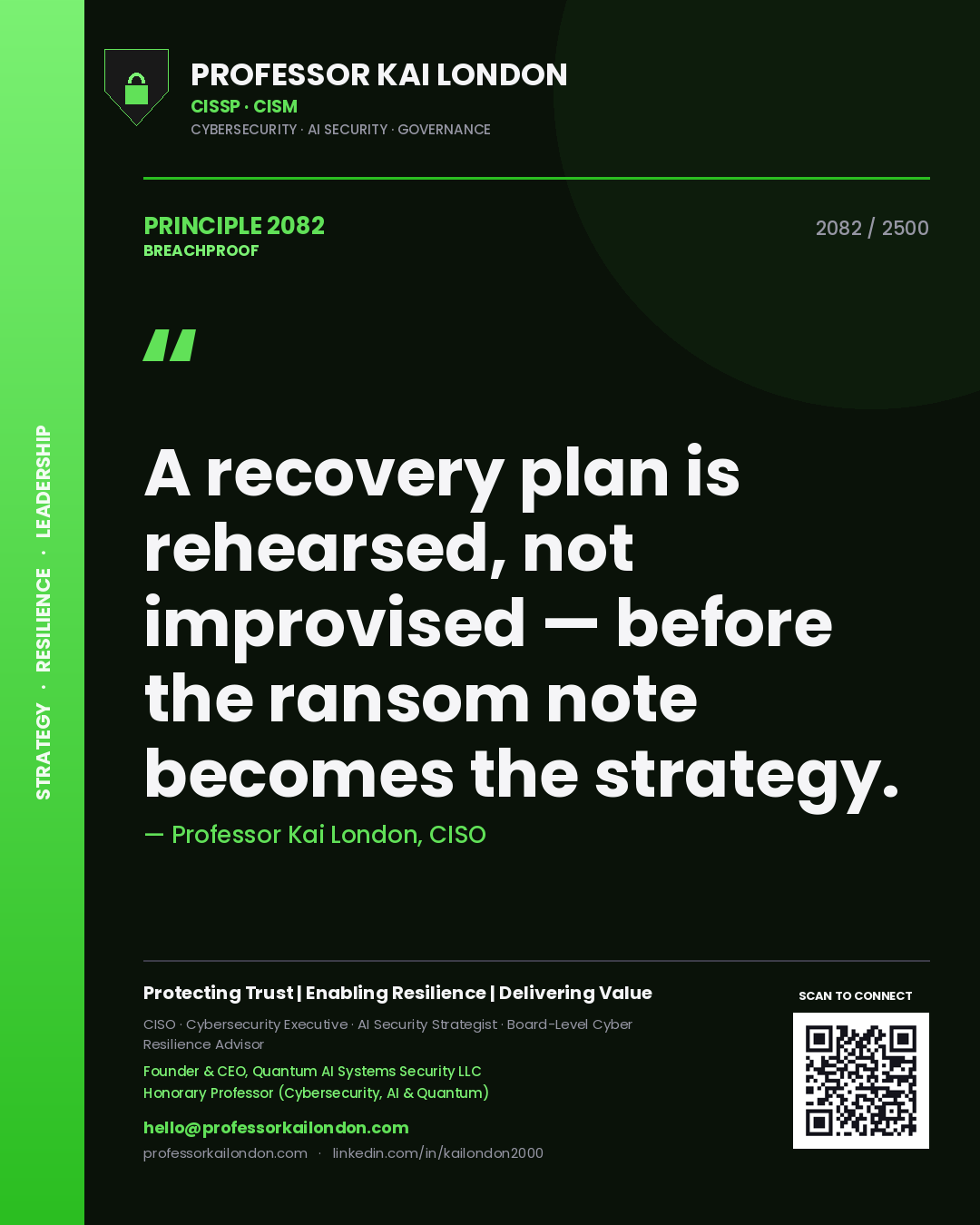 Professor Kai London principle 2082: A recovery plan is rehearsed, not improvised — before the ransom note becomes the strategy.