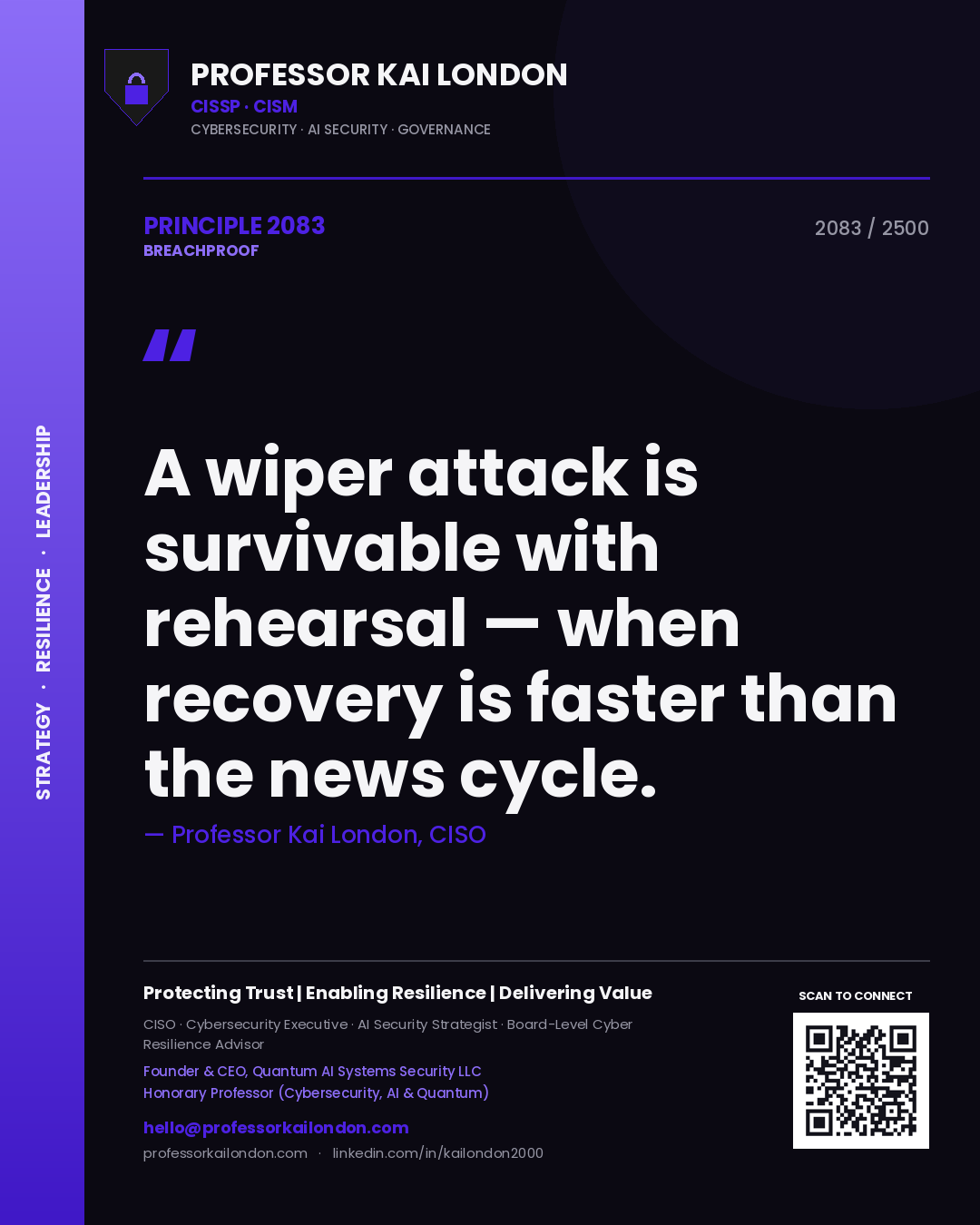 Professor Kai London principle 2083: A wiper attack is survivable with rehearsal — when recovery is faster than the news cycle.