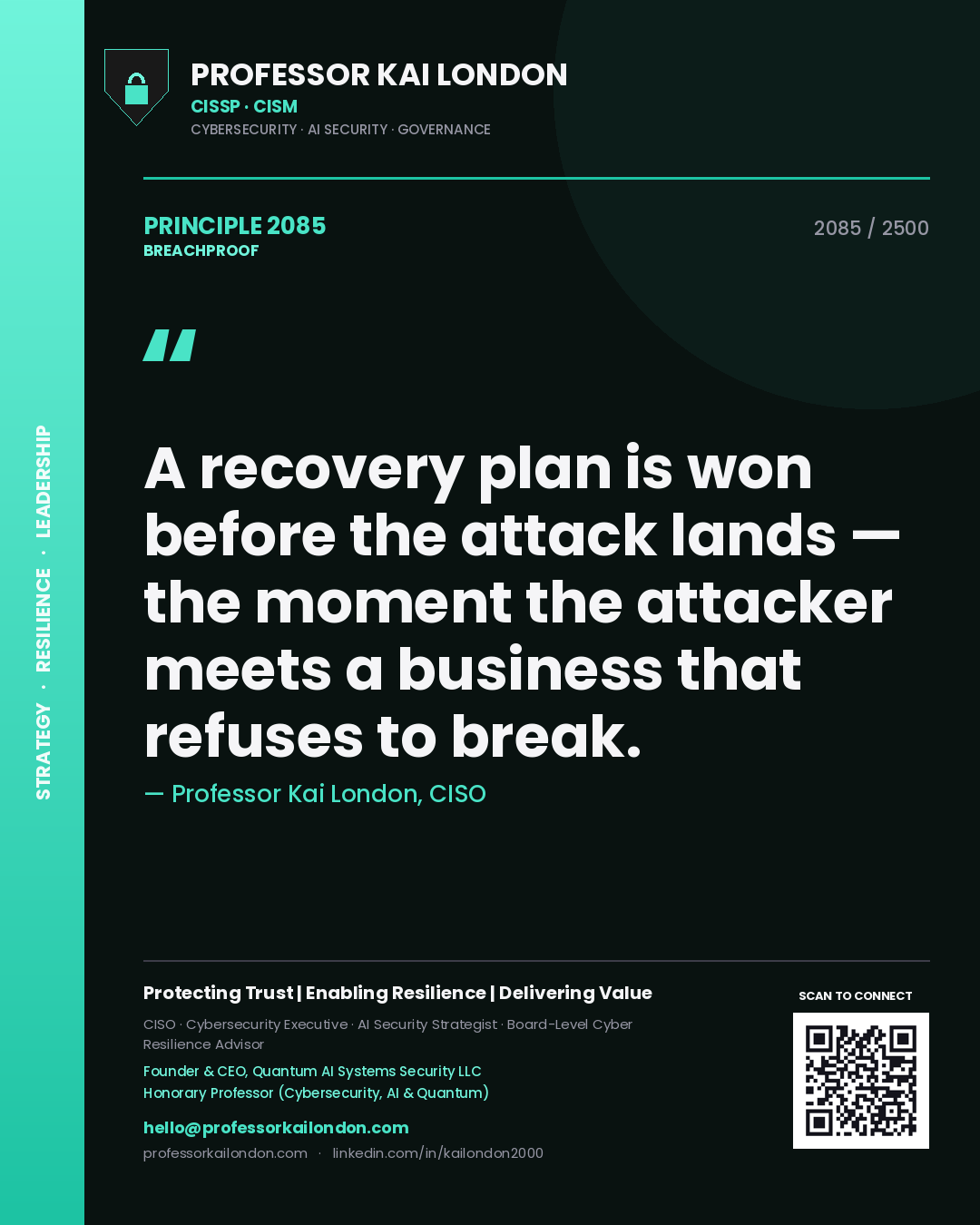 Quote card by Professor Kai London reading 'A recovery plan is won before the attack lands — the moment the attacker meets a business that refuses to break.'. From the book Breachproof.