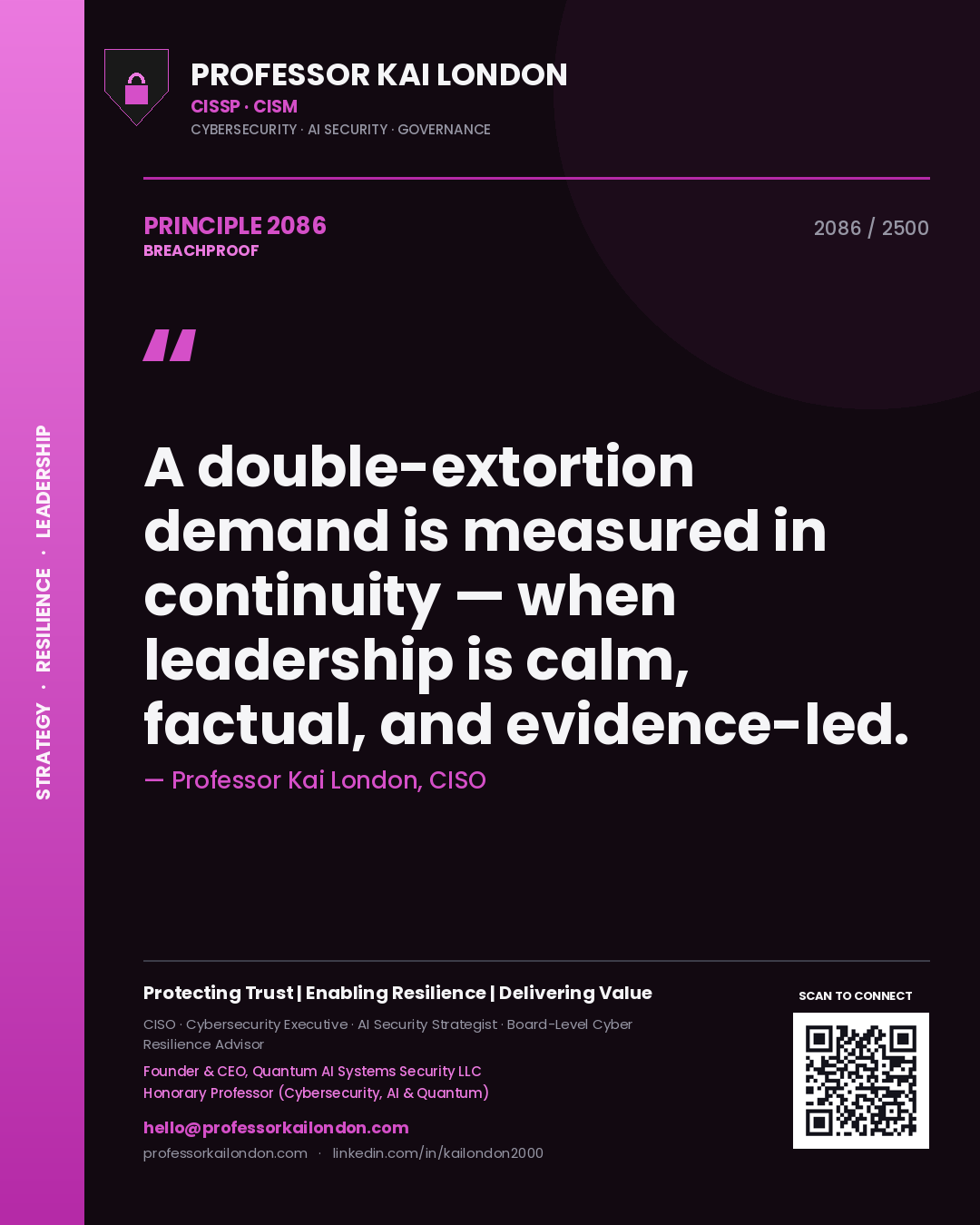Professor Kai London principle 2086: A double-extortion demand is measured in continuity — when leadership is calm, factual, and evidence-led.