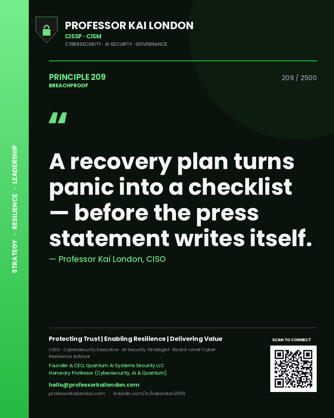 Quote card by Professor Kai London reading 'A recovery plan turns panic into a checklist — before the press statement writes itself.'. From the book Breachproof.
