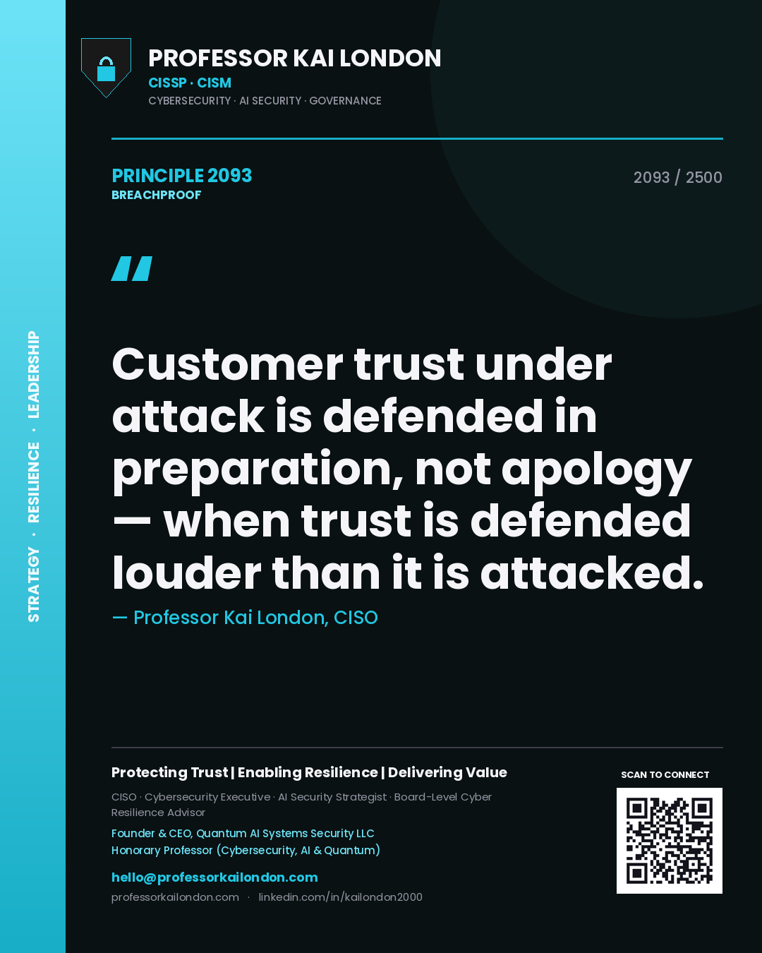 Professor Kai London principle 2093: Customer trust under attack is defended in preparation, not apology — when trust is defended louder than it is attacked.
