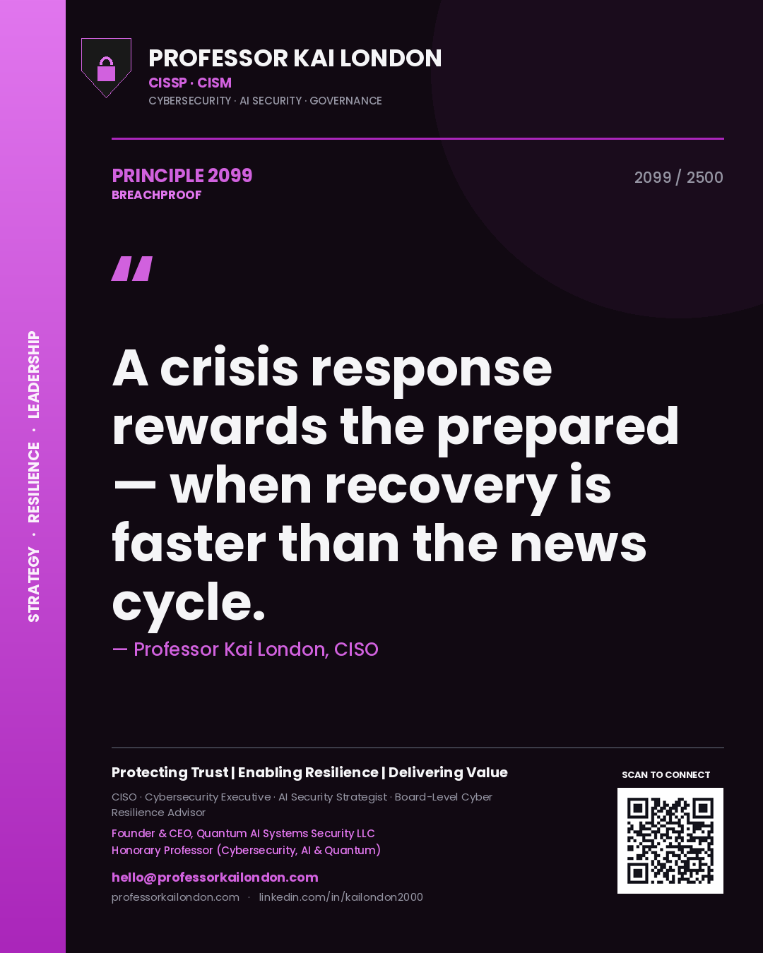 Professor Kai London principle 2099: A crisis response rewards the prepared — when recovery is faster than the news cycle.