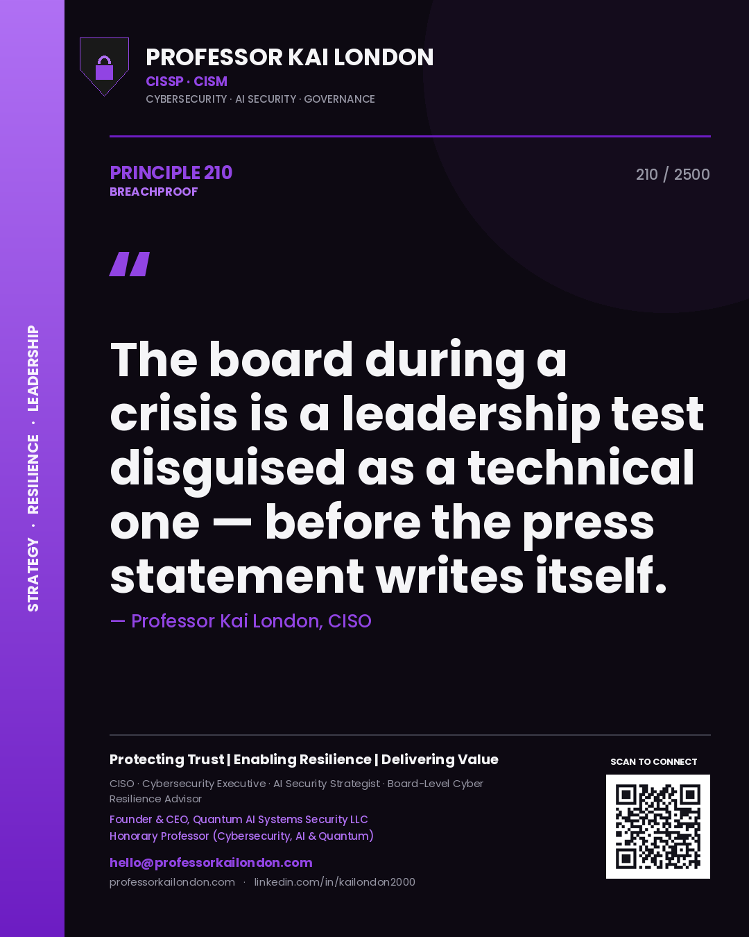 Quote card by Professor Kai London reading 'The board during a crisis is a leadership test disguised as a technical one — before the press statement writes itself.'. From the book Breachproof.