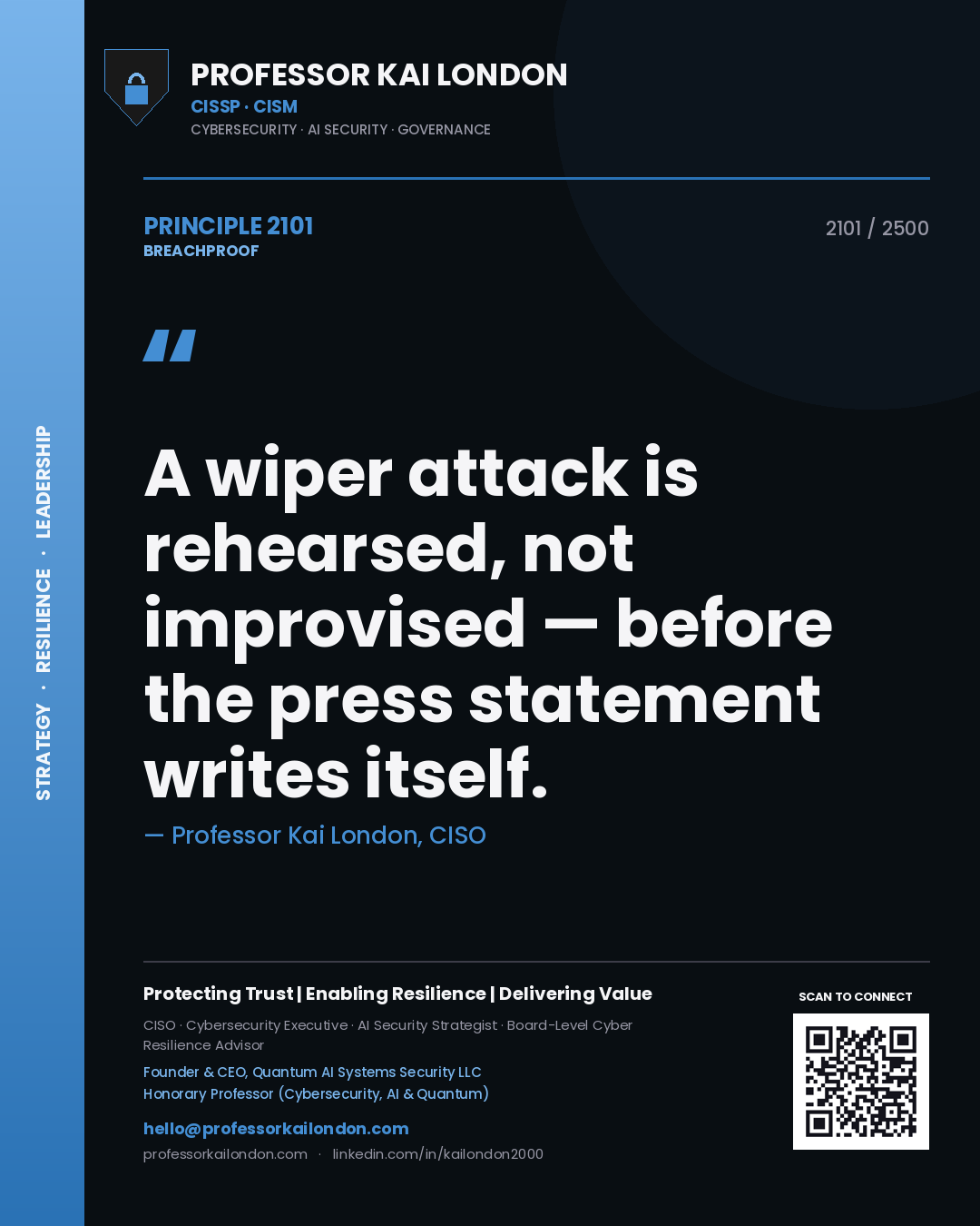 Professor Kai London principle 2101: A wiper attack is rehearsed, not improvised — before the press statement writes itself.