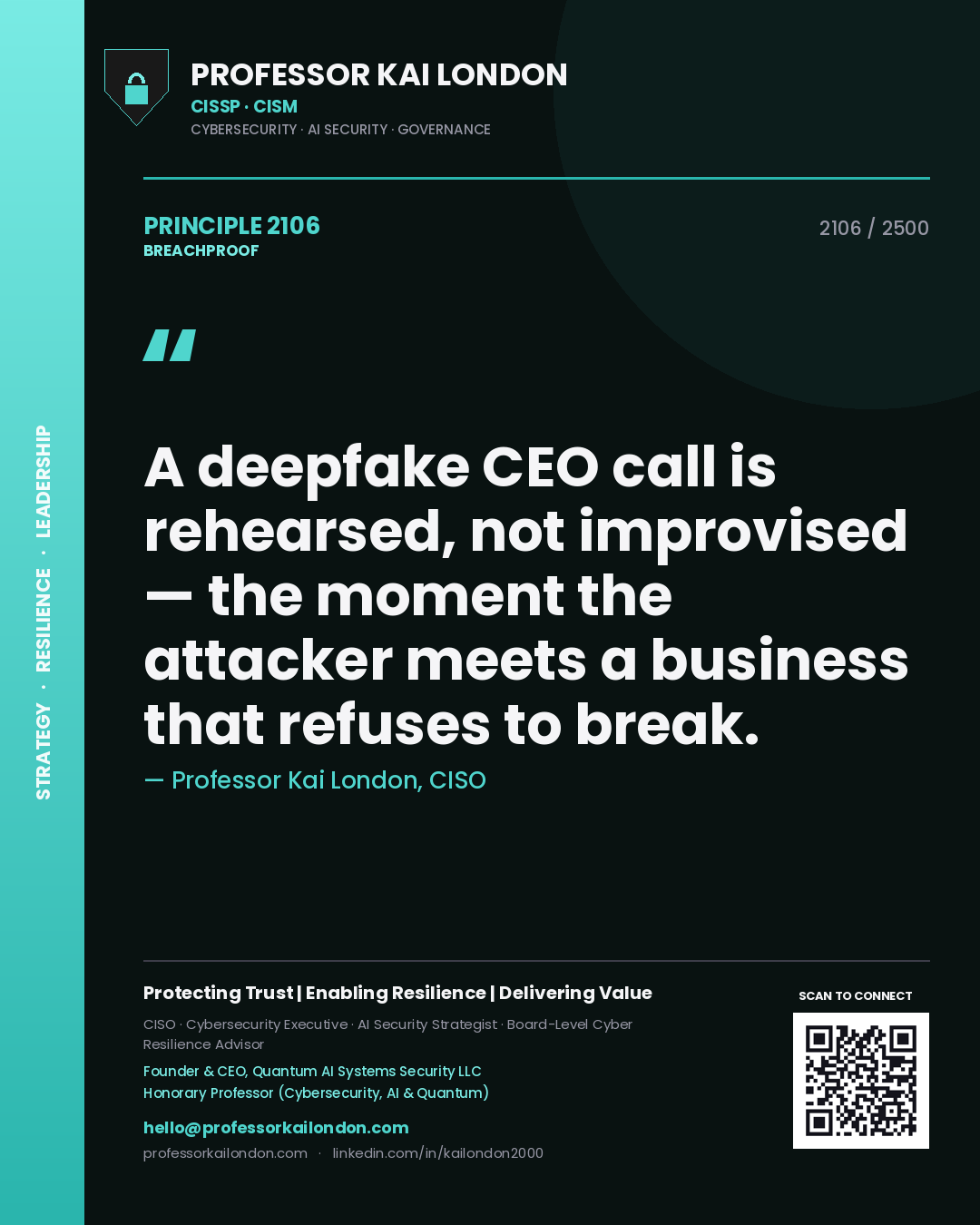 Quote card by Professor Kai London reading 'A deepfake CEO call is rehearsed, not improvised — the moment the attacker meets a business that refuses to break.'. From the book Breachproof.