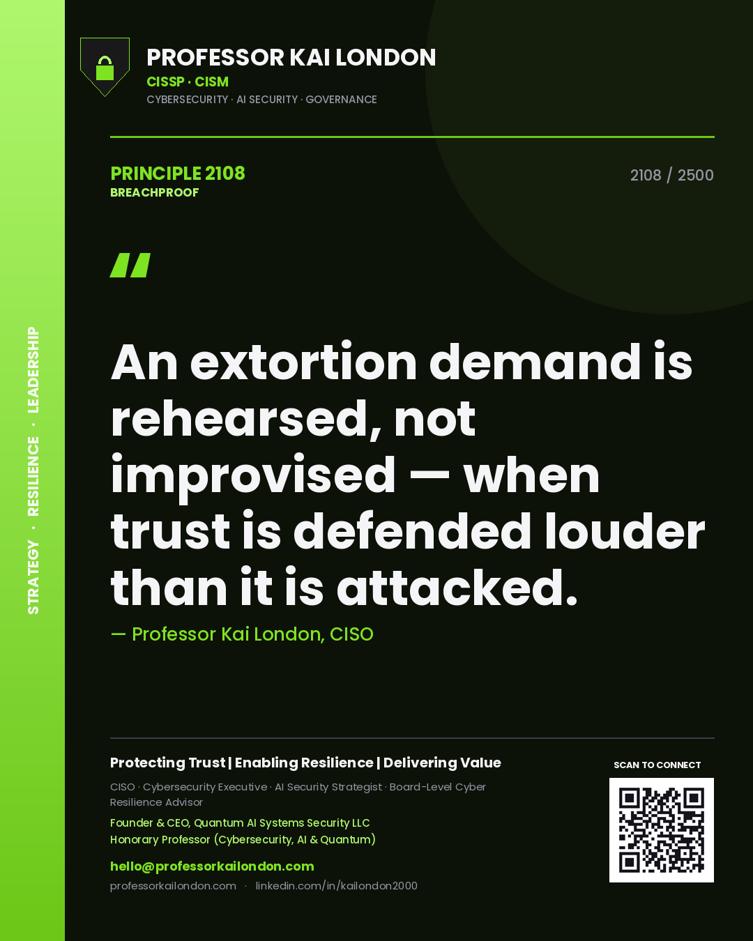 Quote card by Professor Kai London reading 'An extortion demand is rehearsed, not improvised — when trust is defended louder than it is attacked.'. From the book Breachproof.