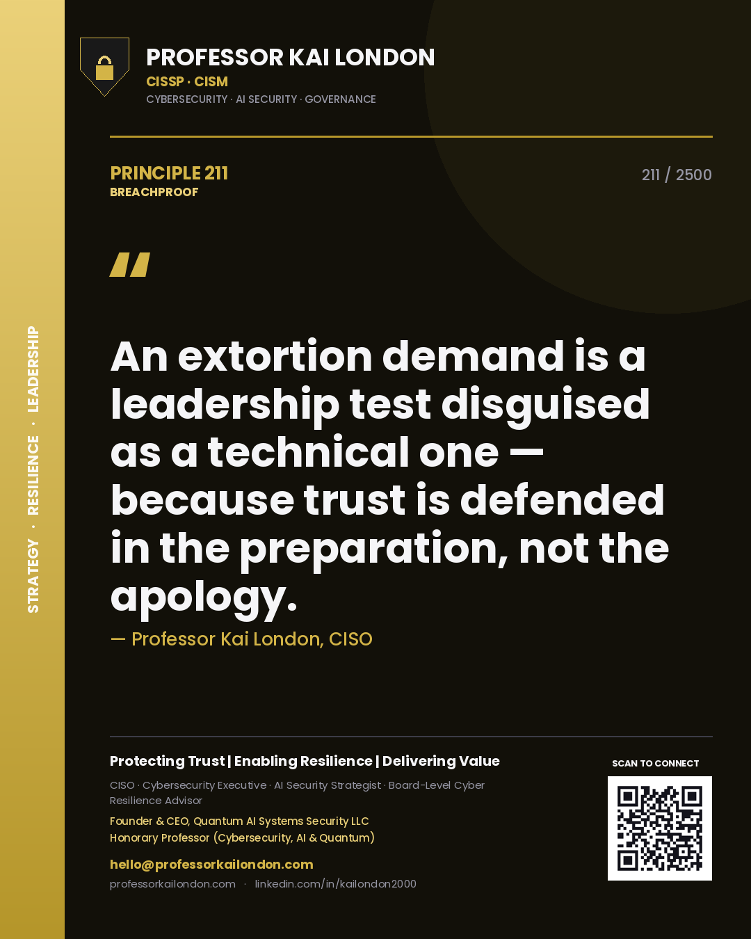 Quote card by Professor Kai London reading 'An extortion demand is a leadership test disguised as a technical one — because trust is defended in the preparation, not the apology.'. From the book Breachproof.